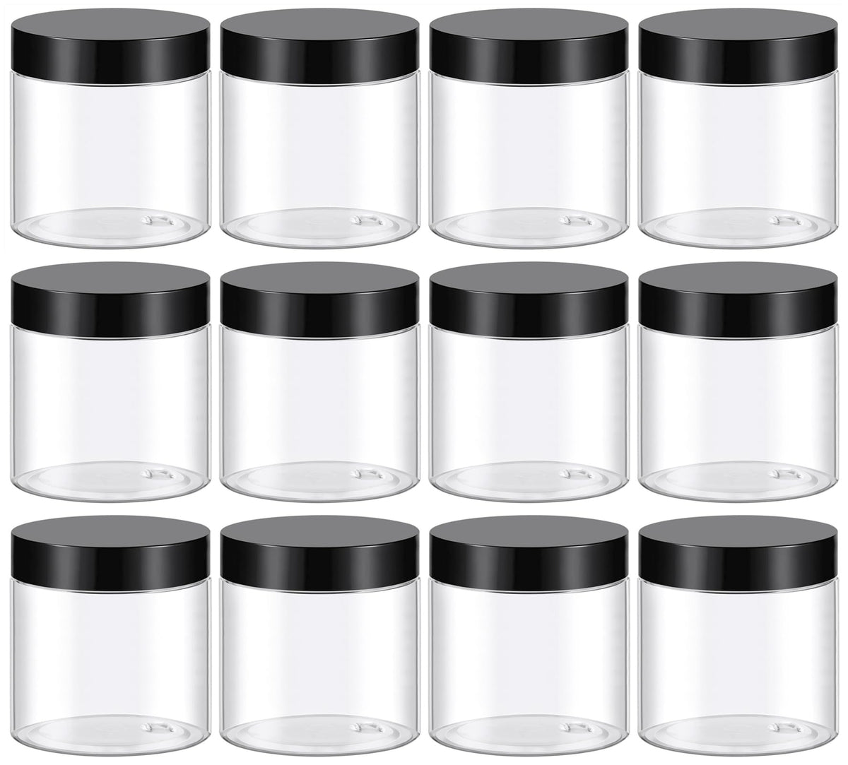 TUZAZO frascos de 4 onzas transparentes con tapas negras, ideales para cosméticos.