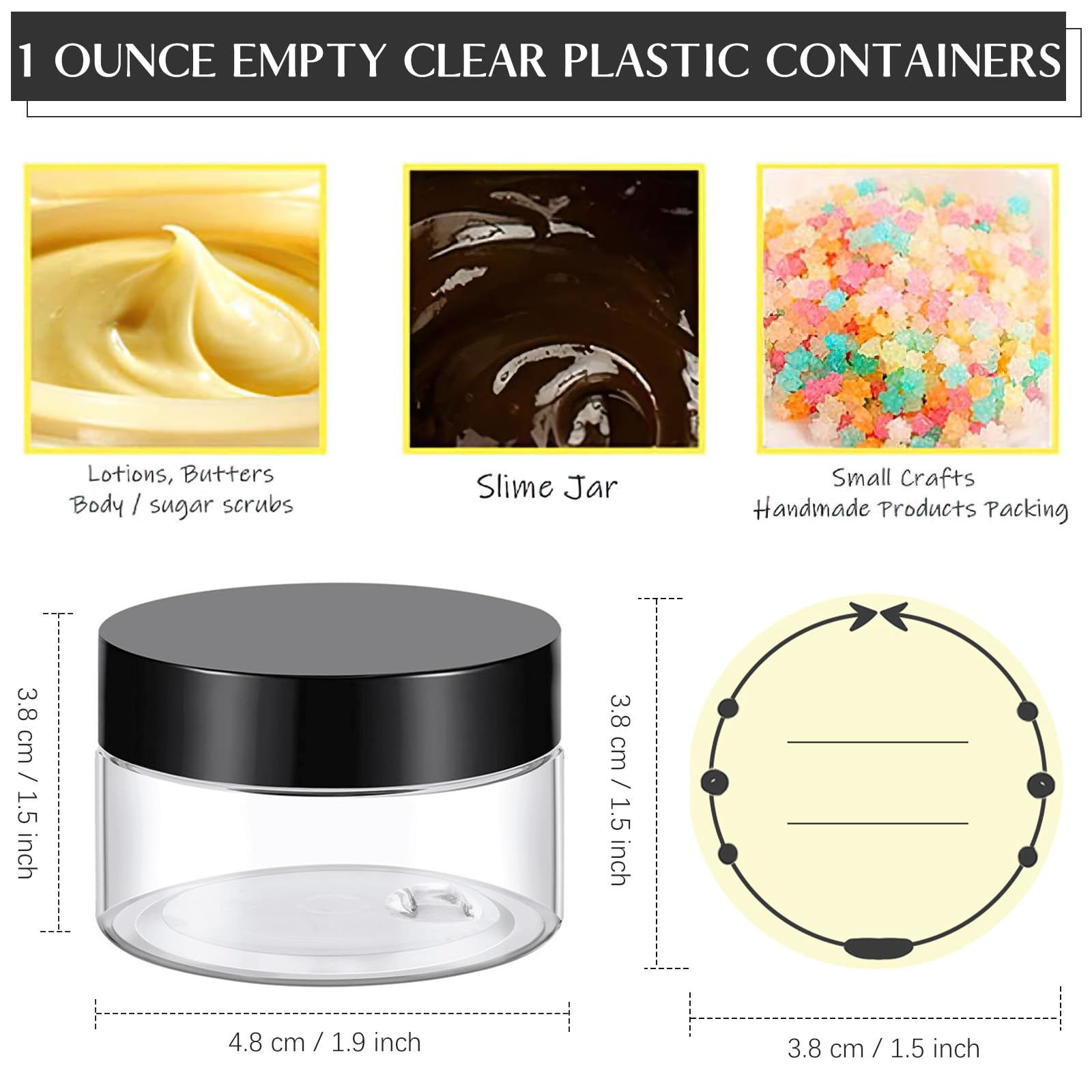 TUZAZO tarros plástico 1oz transparentes con tapa negra, perfectos para viaje.