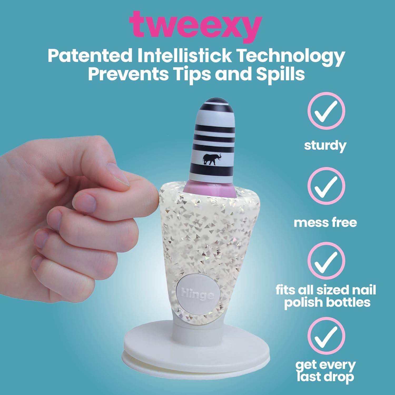 Tweexy Hinge ajusta la botella de esmalte para tamaños y formas variadas.