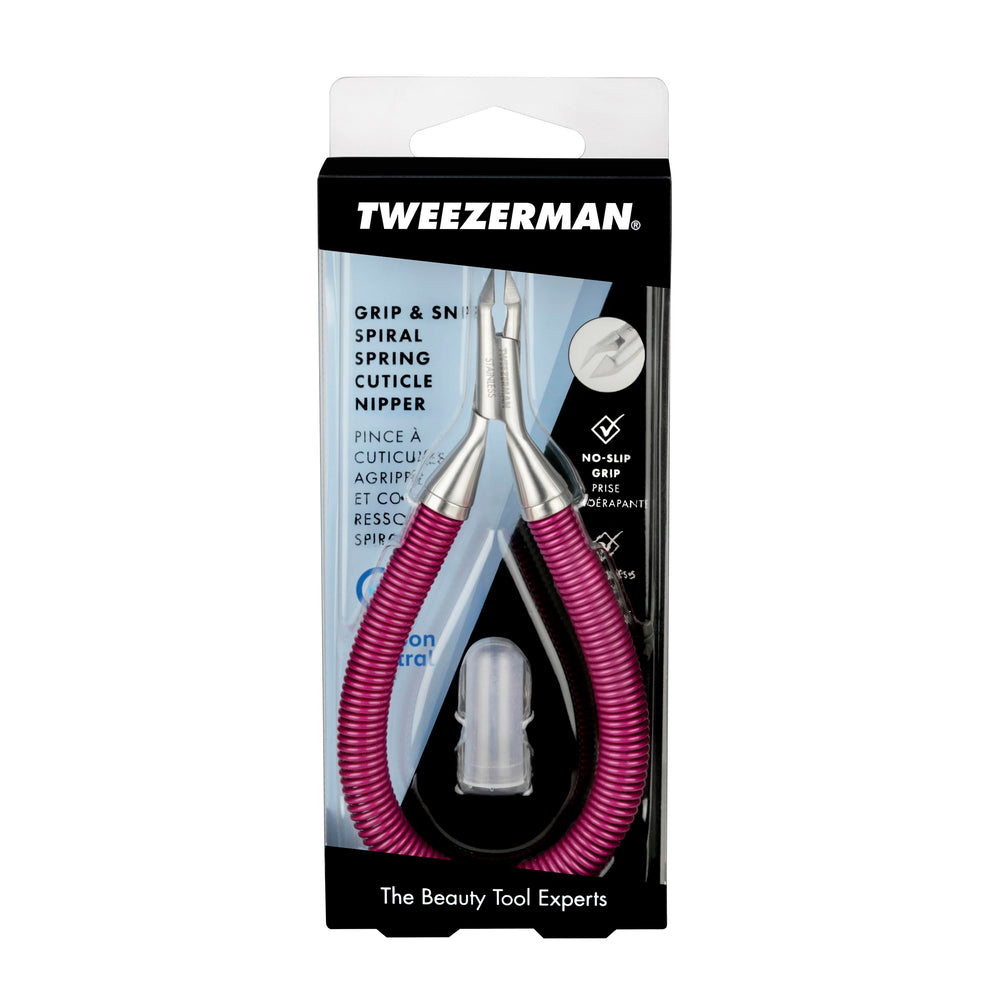 Tweezerman Grip & Snip espiral, guía de uso para empujar cutículas antes del recorte.