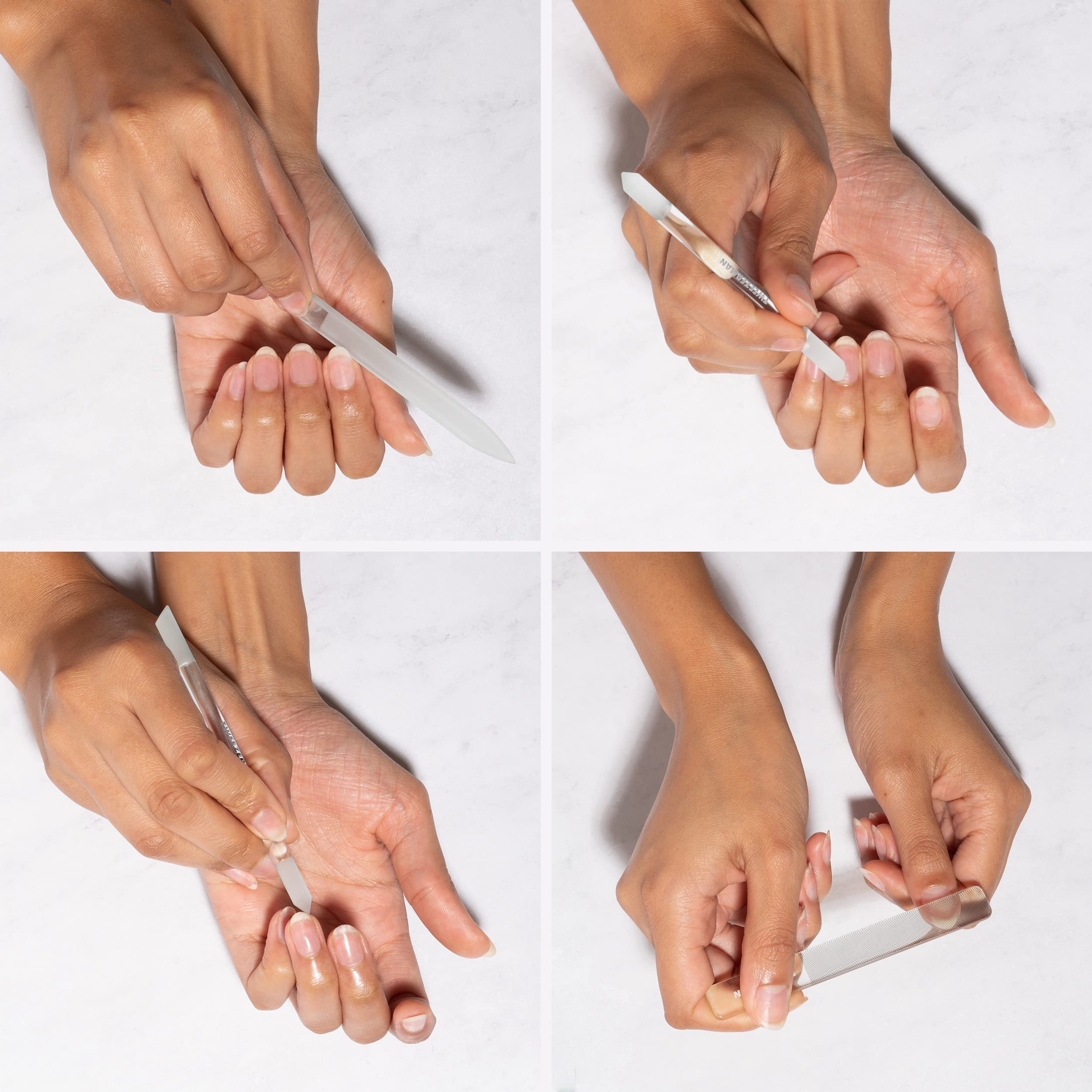 Detalle del vidrio duradero Tweezerman, suave con las uñas.