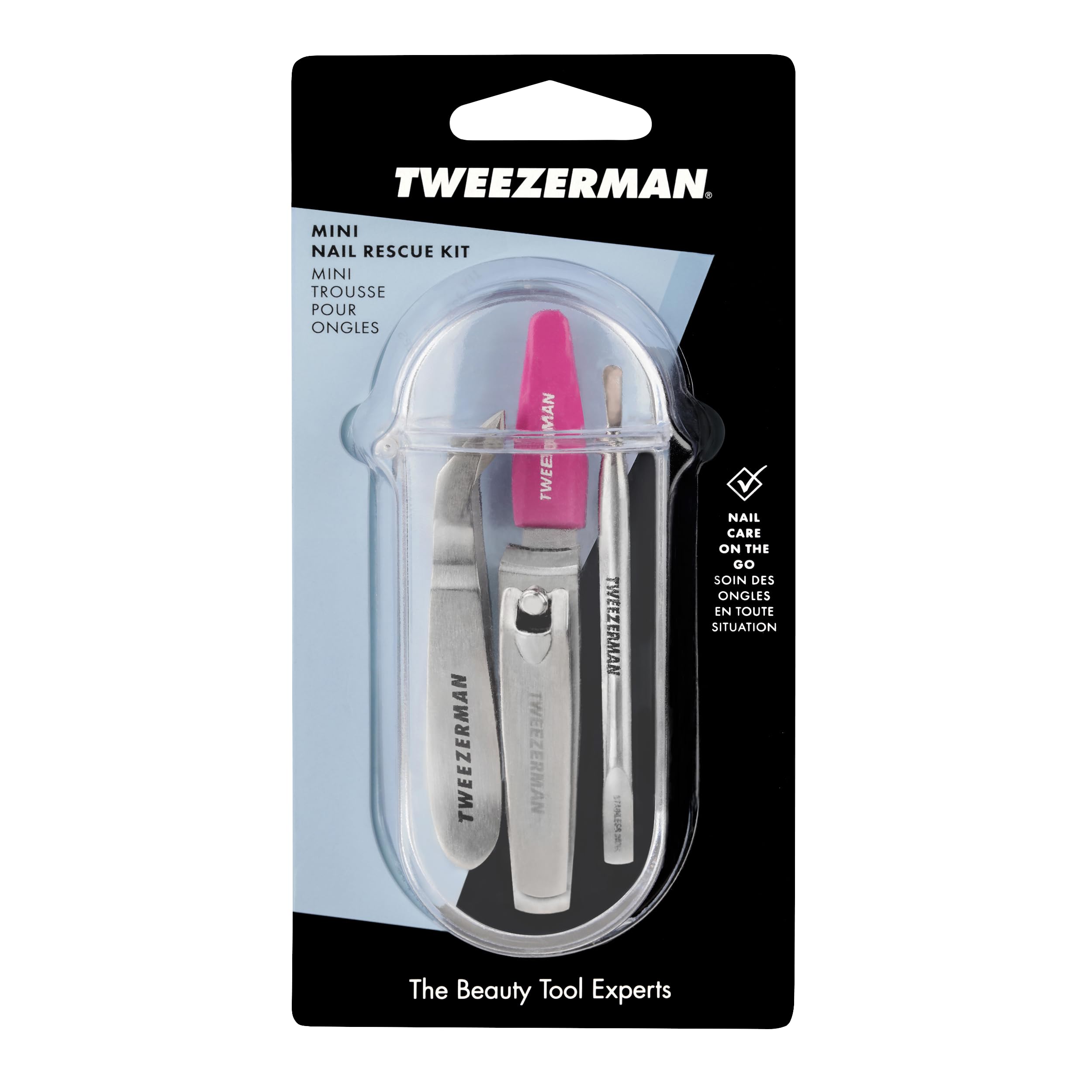 Tweezerman Mini Kit de Rescate de Uñas, detalle de acero pulido para durabilidad.