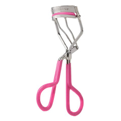 Rizador Tweezerman rosa neón visto de frente para curvar pestañas con confort.