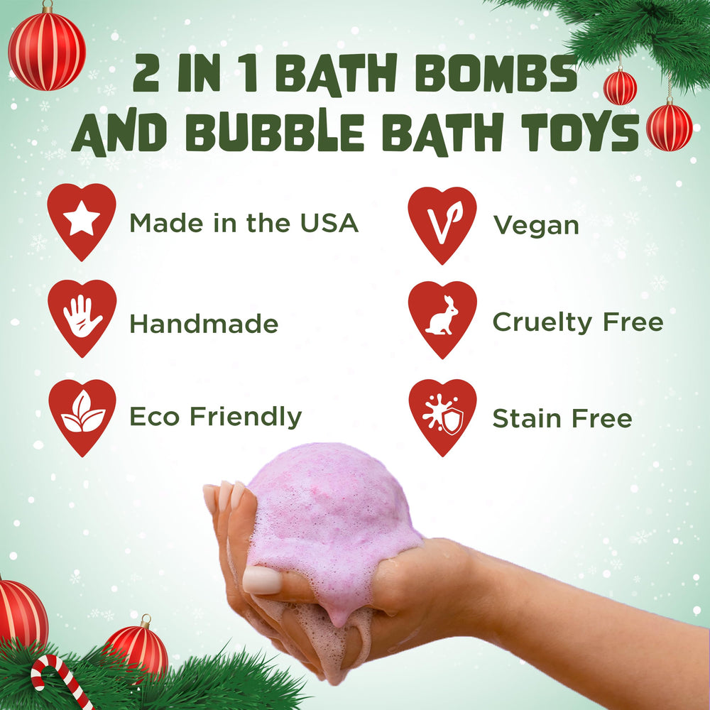 Two Sisters bombas de baño con juguetes navideños dentro para diversión segura.