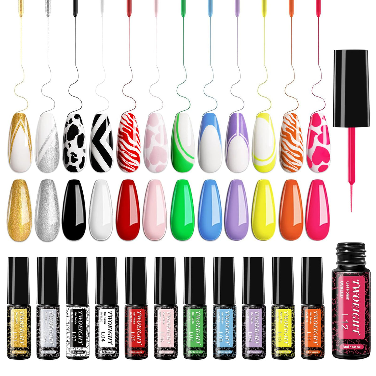 TWOEIGHT esmalte gel para uñas con 12 colores vibrantes para diseños versátiles.