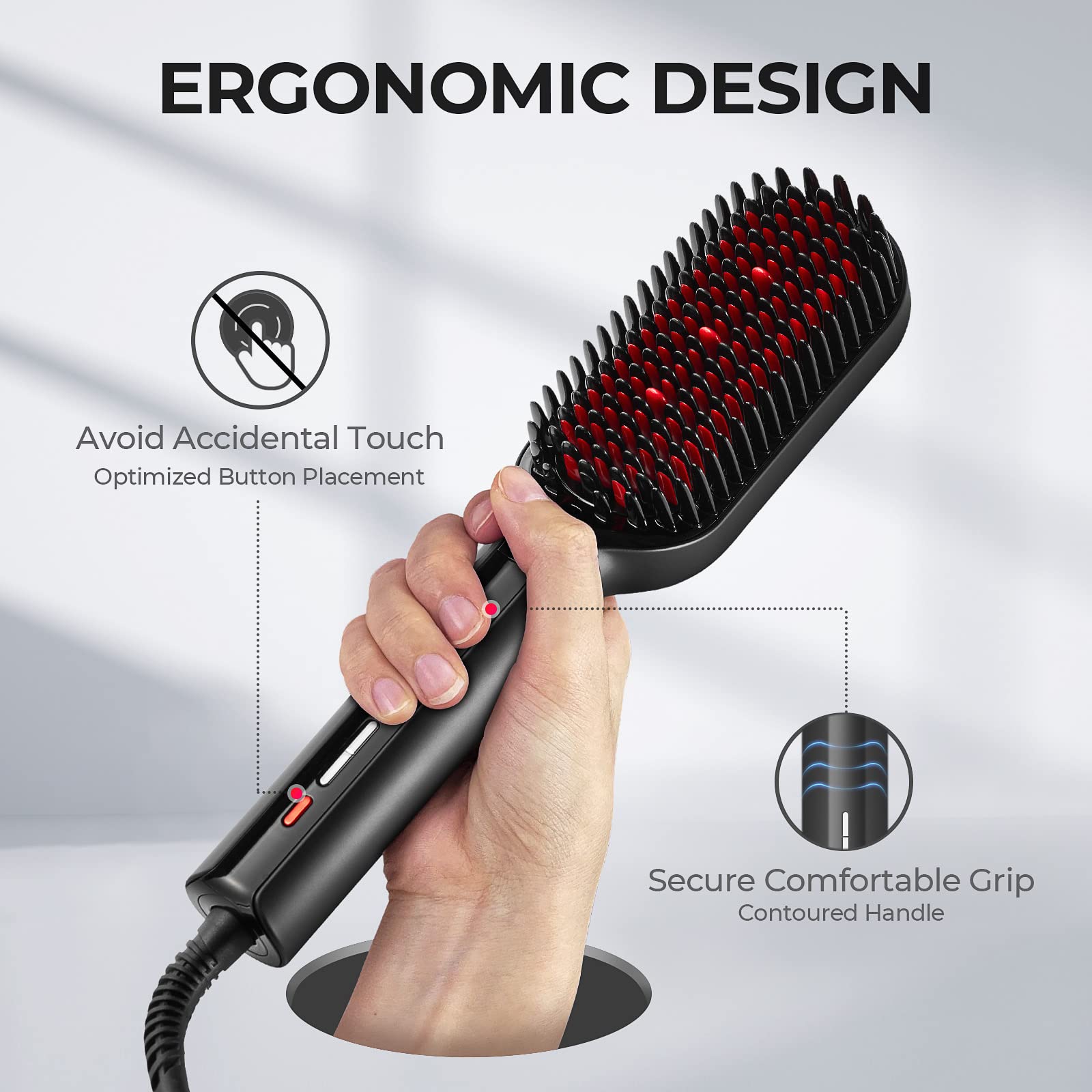 TYMO diseño ergonómico y antiquemaduras para peinar cómodo.