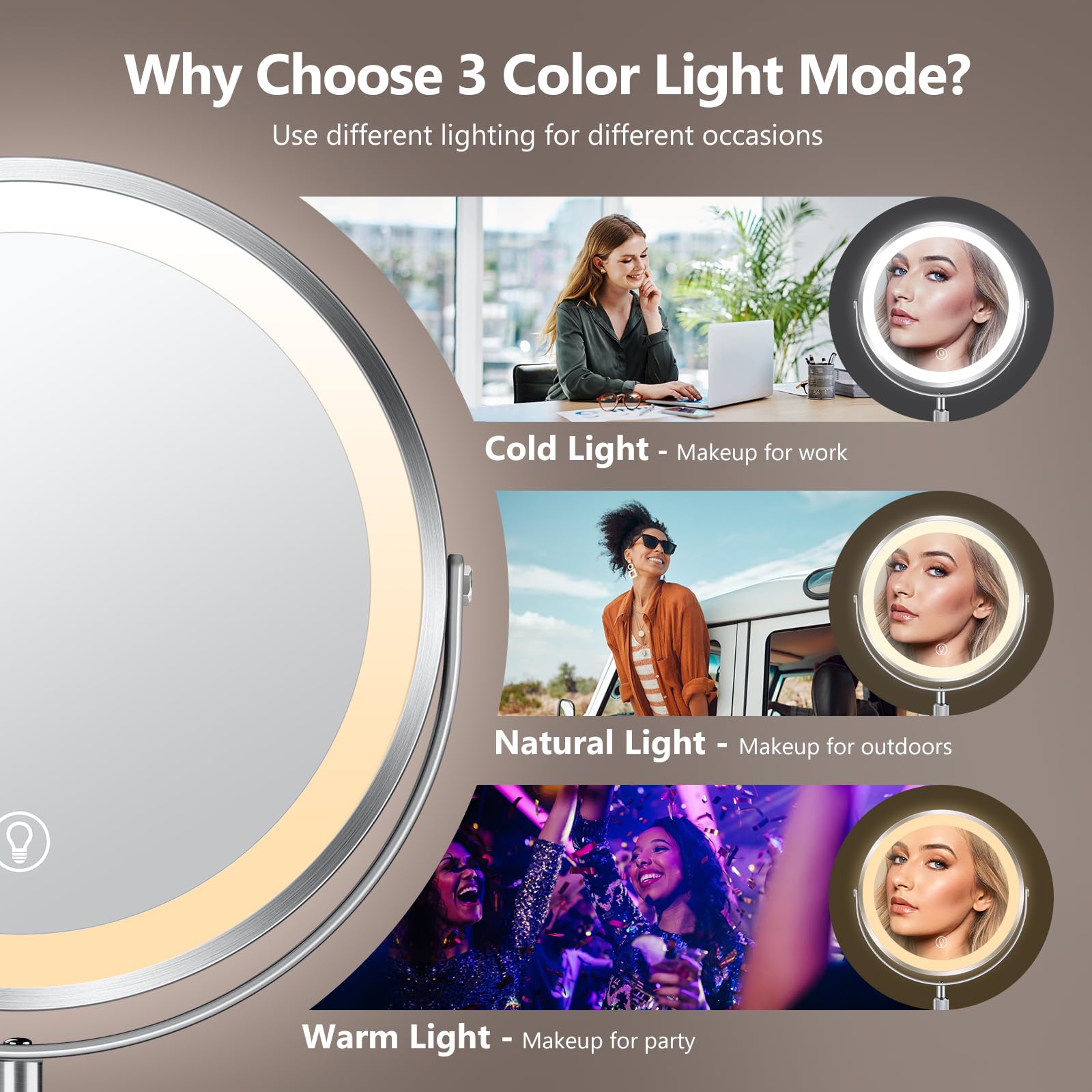 Espejo UBYMET con iluminación de 3 colores para ver tonalidades realistas
