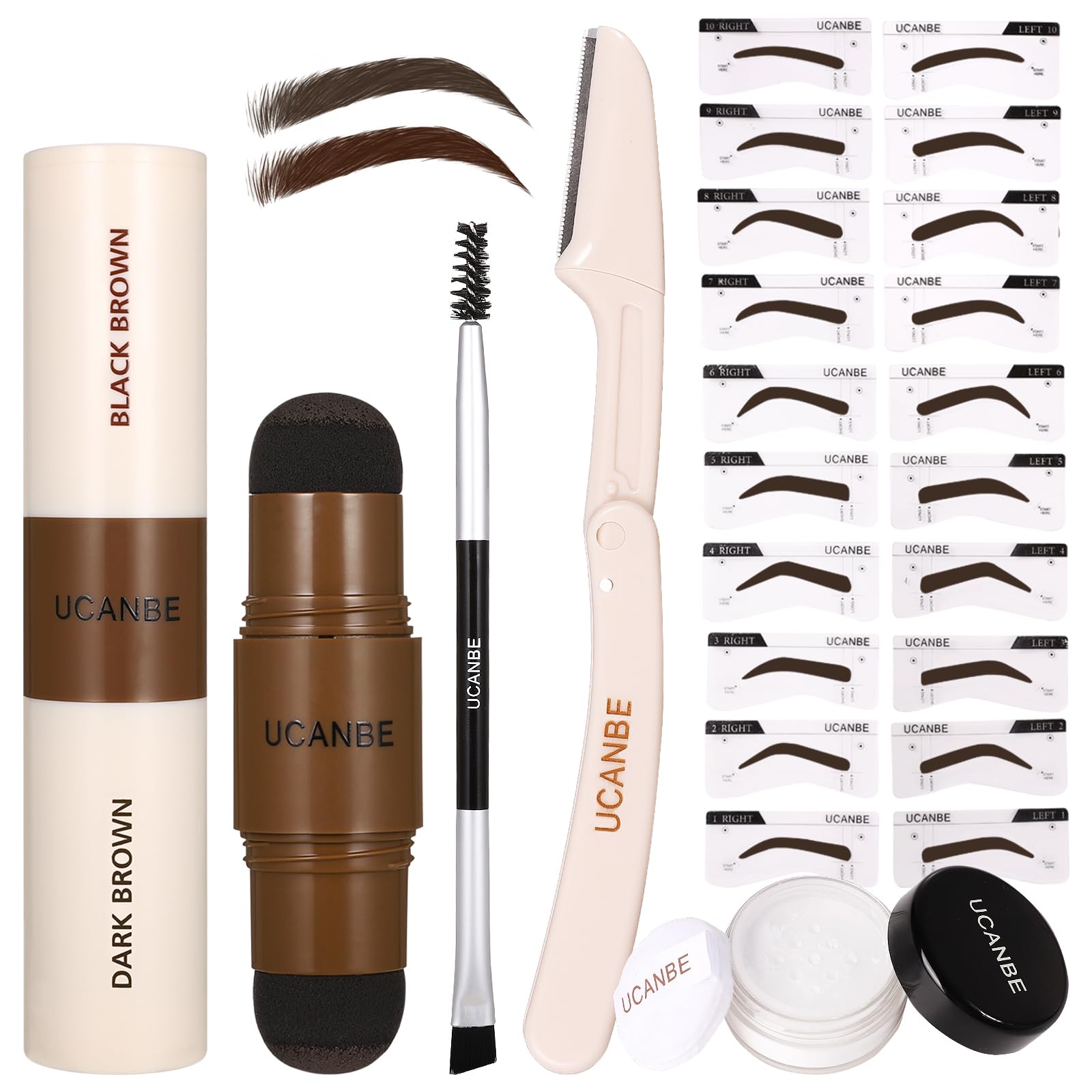 UCANBE 25PCS eyebrow stamp kit with dual-color pomade for quick, natural-looking brows