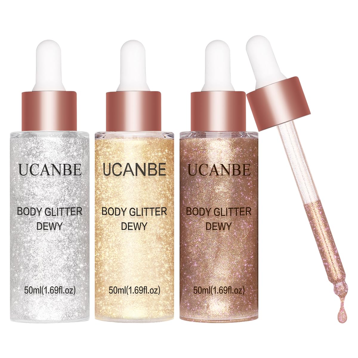 UCANBE Glow Shimmer Drop Set, aplicación cara para brillo natural.