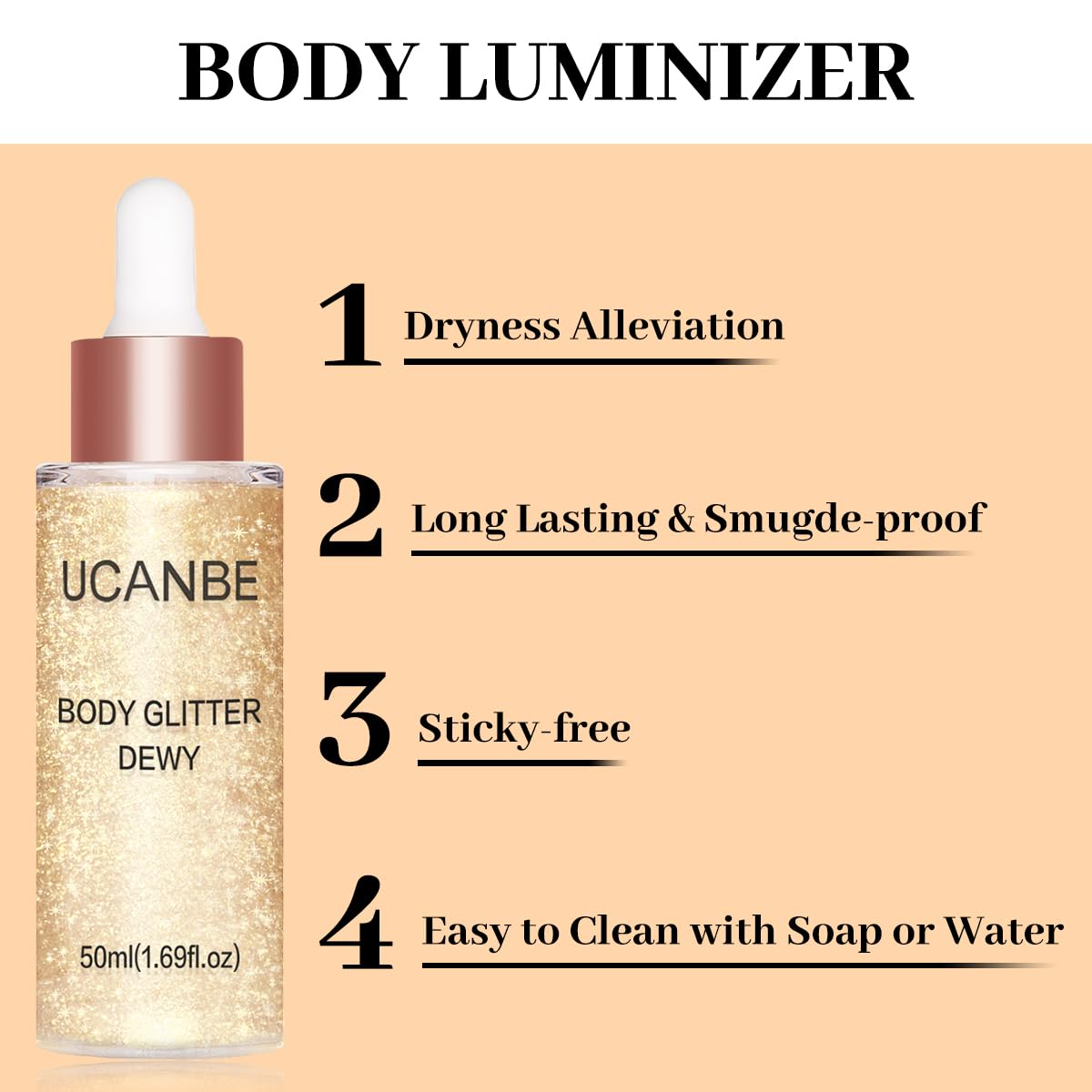 UCANBE Hydrating Body Shimmer application on face delivers subtle sparkle and a light, non-sticky feel.