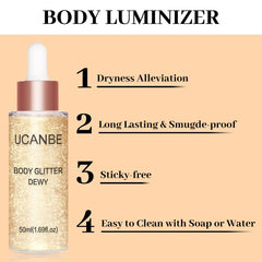 UCANBE Hydrating Body Shimmer application on face delivers subtle sparkle and a light, non-sticky feel.