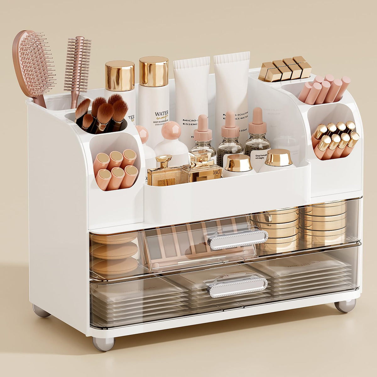 Organizador de maquillaje UFORU con dos cajones grandes para ver todo de un vistazo