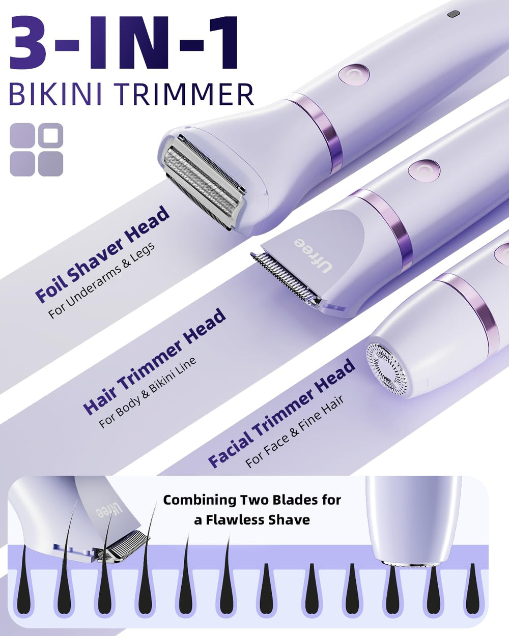 Ufree Bikini Trimmer cabezas-precision para recorte suave y seguro.