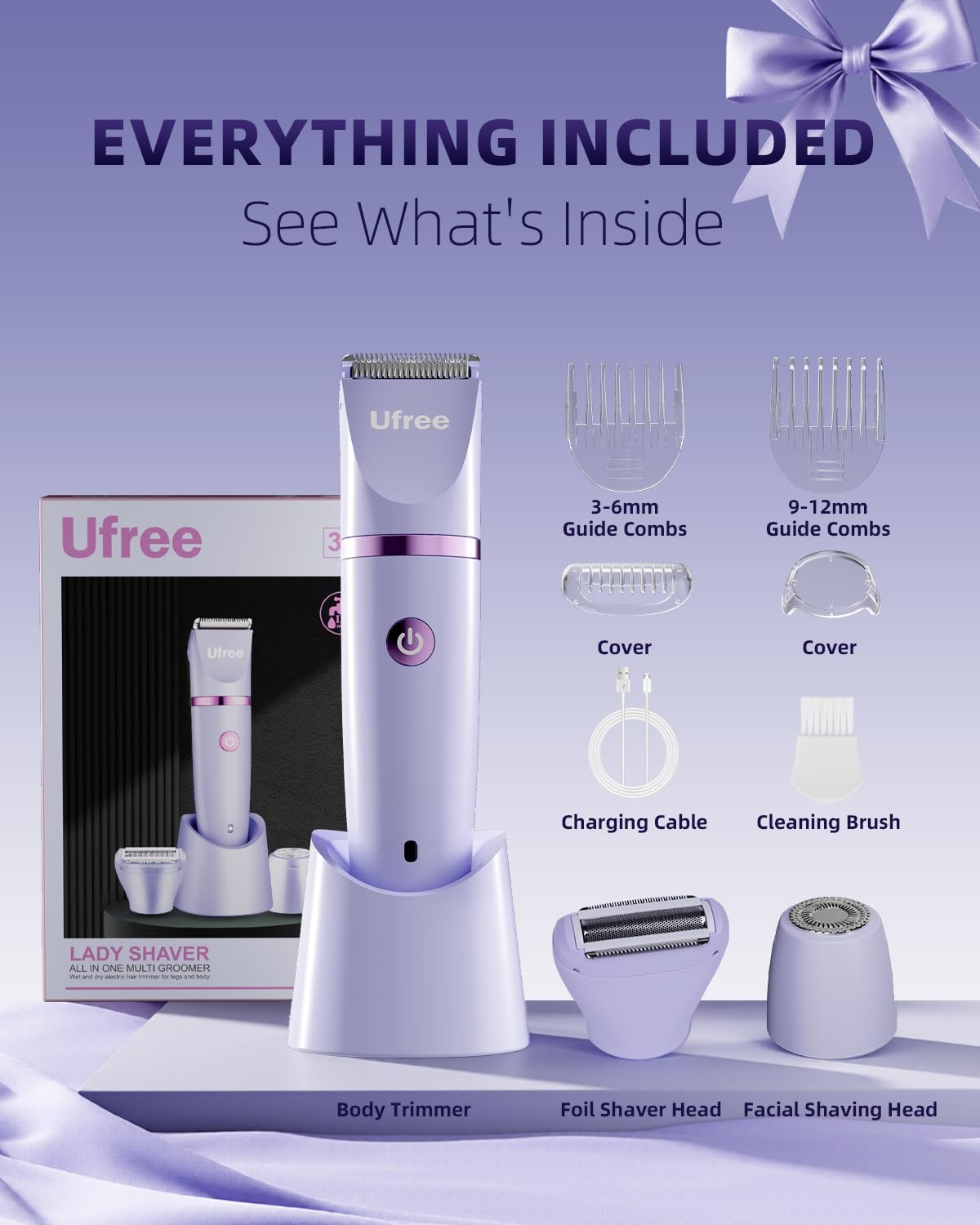 Ufree Bikini Trimmer caja-exterior presenta el kit completo y regalo ideal.