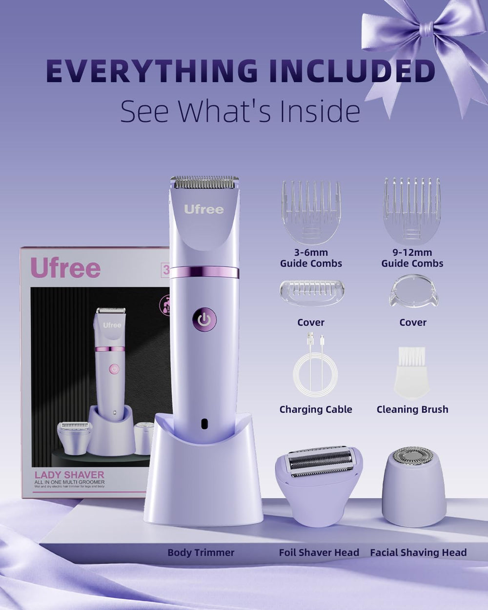 Ufree Bikini Trimmer caja-exterior presenta el kit completo y regalo ideal.