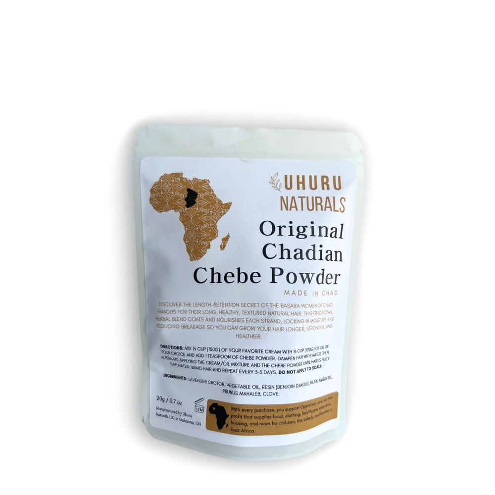 Polvo ChadianChebe de Uhuru Naturals, preparado para nutrir el cabello y mejorar su fortalecimiento.