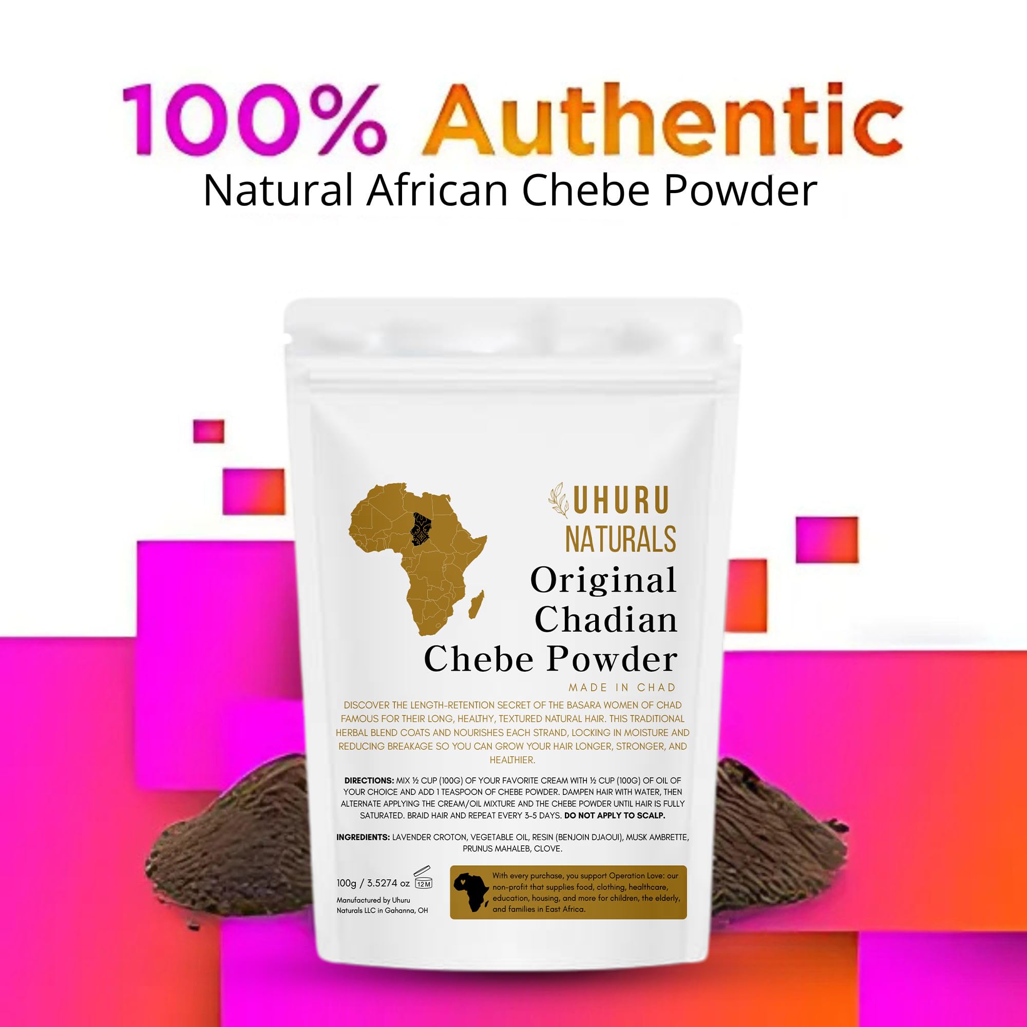 Textura molida del polvo ChadianChebe de Uhuru Naturals para aplicación suave.