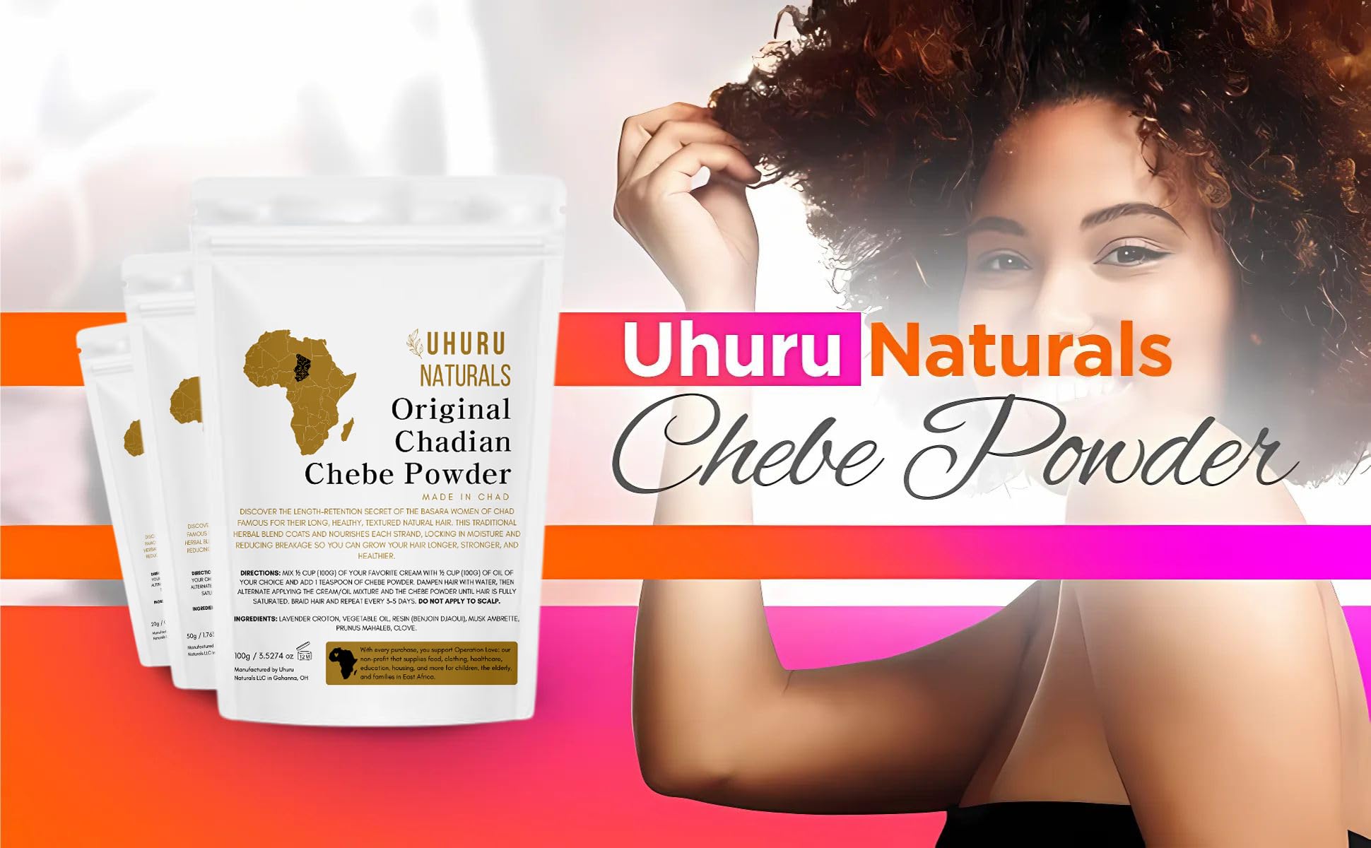 Envase y etiqueta de Uhuru Naturals ChadianChebe, listo para almacenamiento.