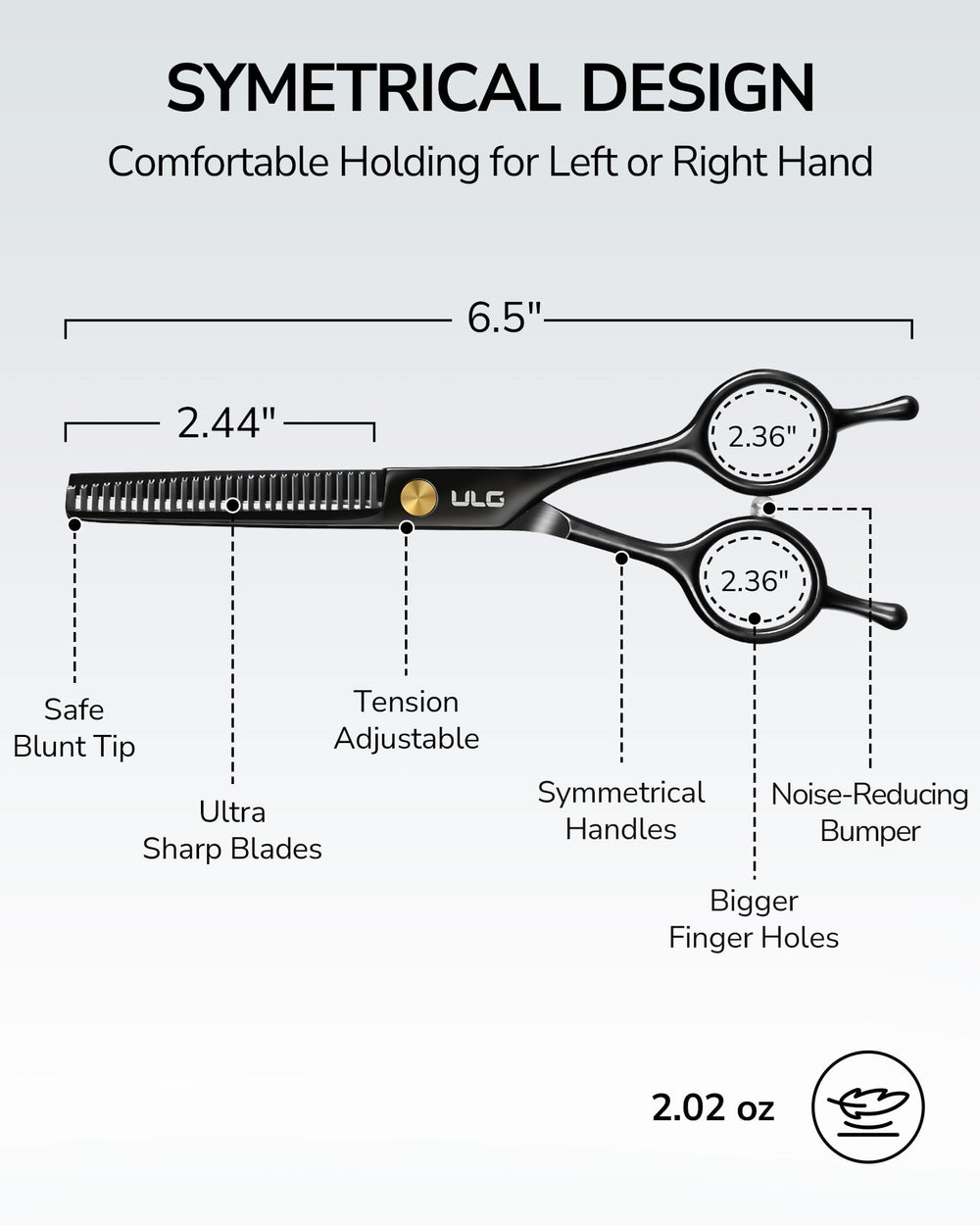 ULG thinning shears muffler and blunt tips reduce noise and skin irritation during use