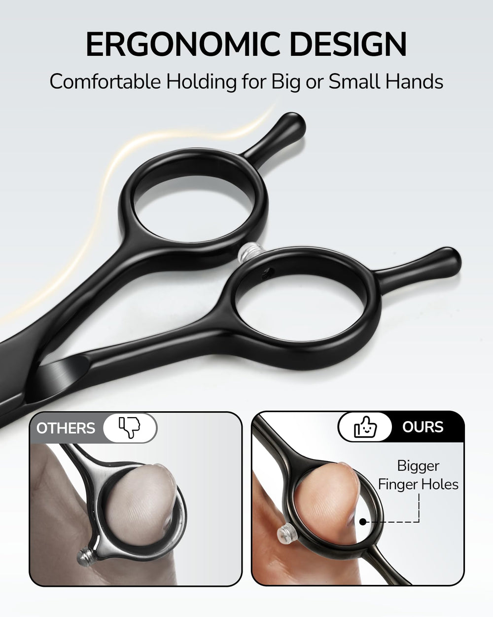 Tijeras ULG con mango ergonómico para uso ambidestro y cortes prolongados.