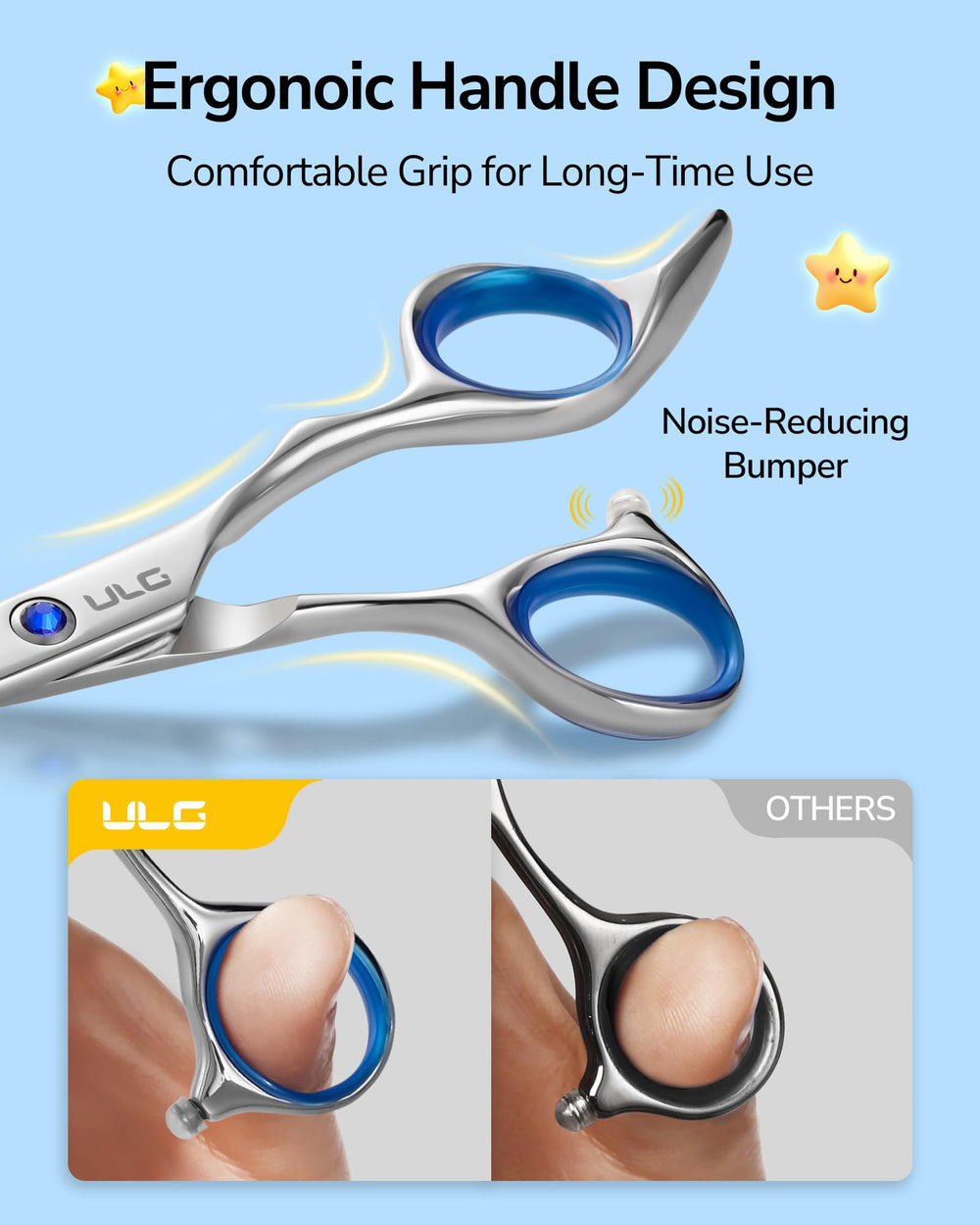 Tijeras ULG con mangos ergonómicos desalineados ofrecen agarre cómodo.