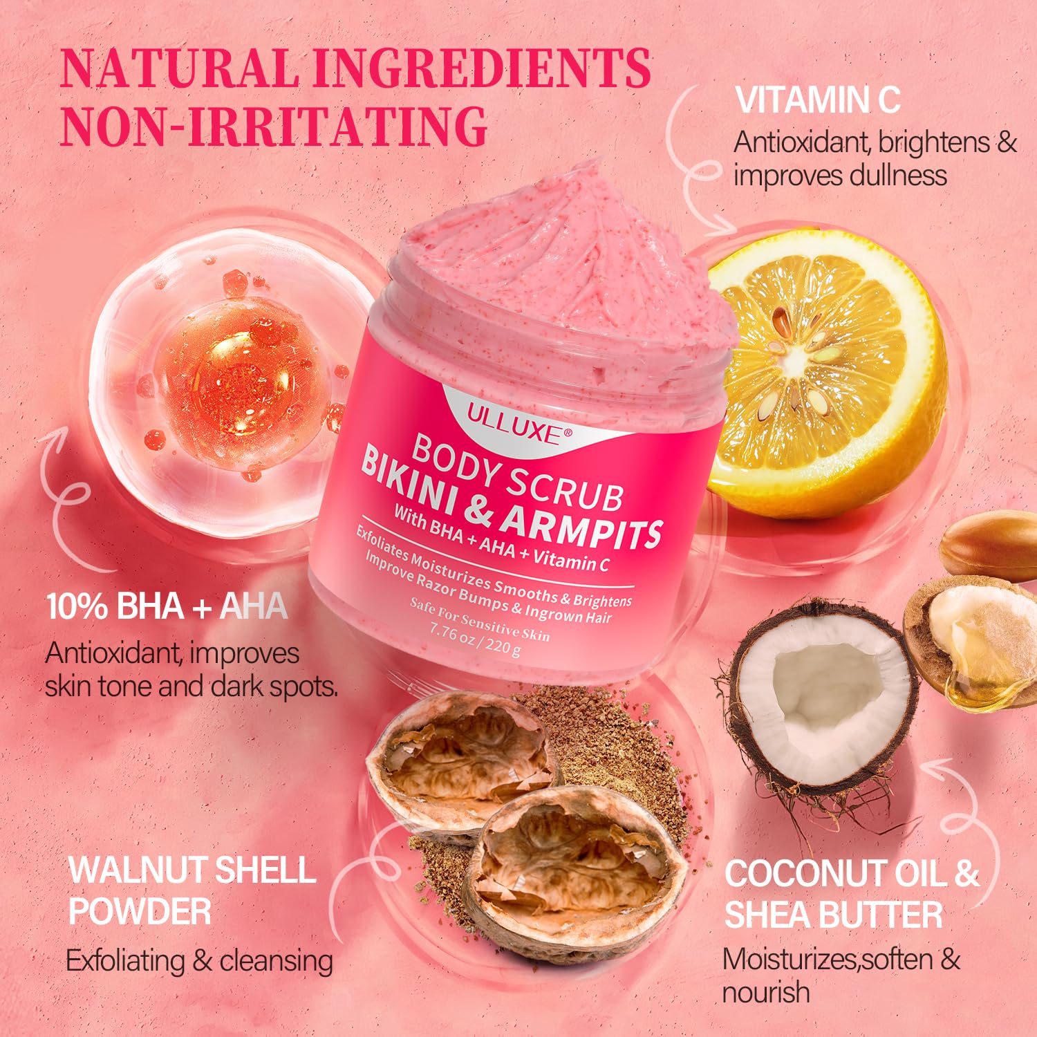 ulluxe bikini area exfoliator has a light peach scent for a pleasant routine
