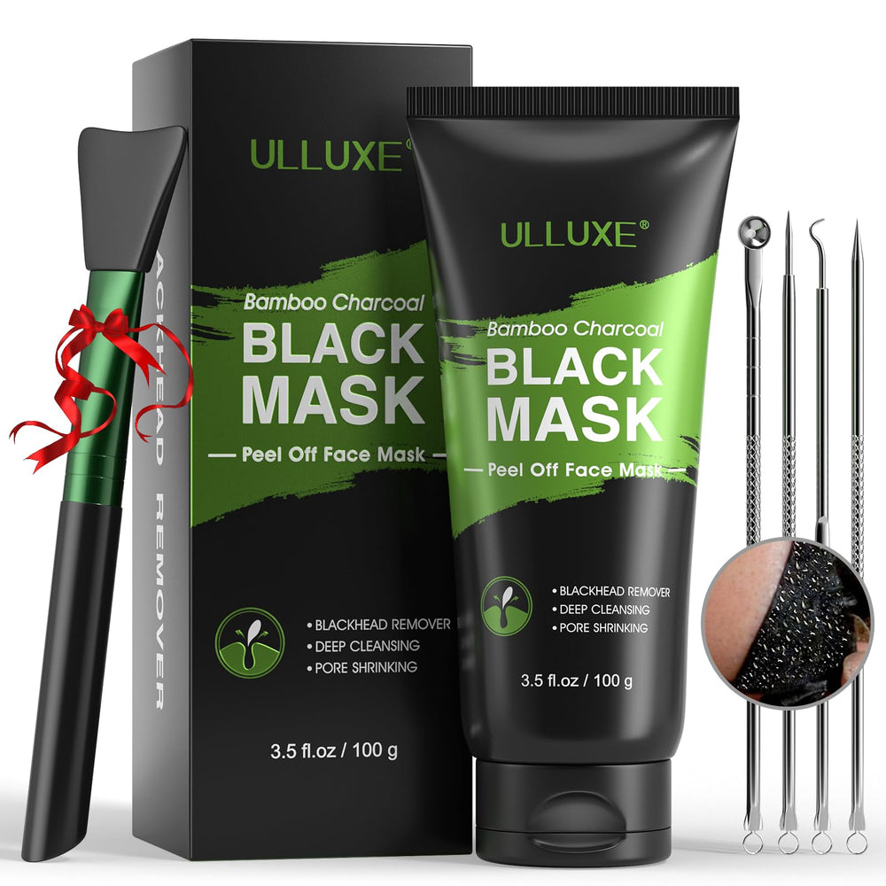 ulluxe charcoal mask packaging demonstrating the kit for deep pore cleansing.