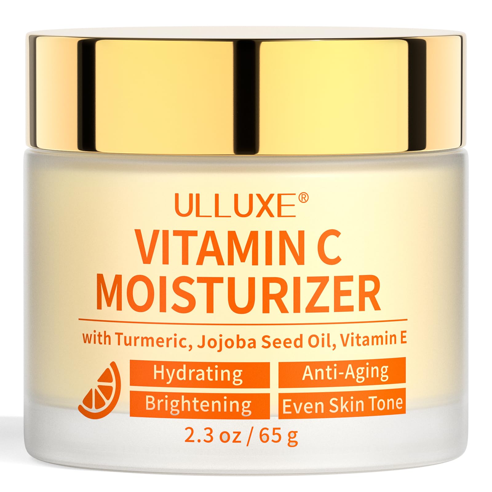 Crema Ulluxe con vitamina C en frasco para piel luminosa y suave.