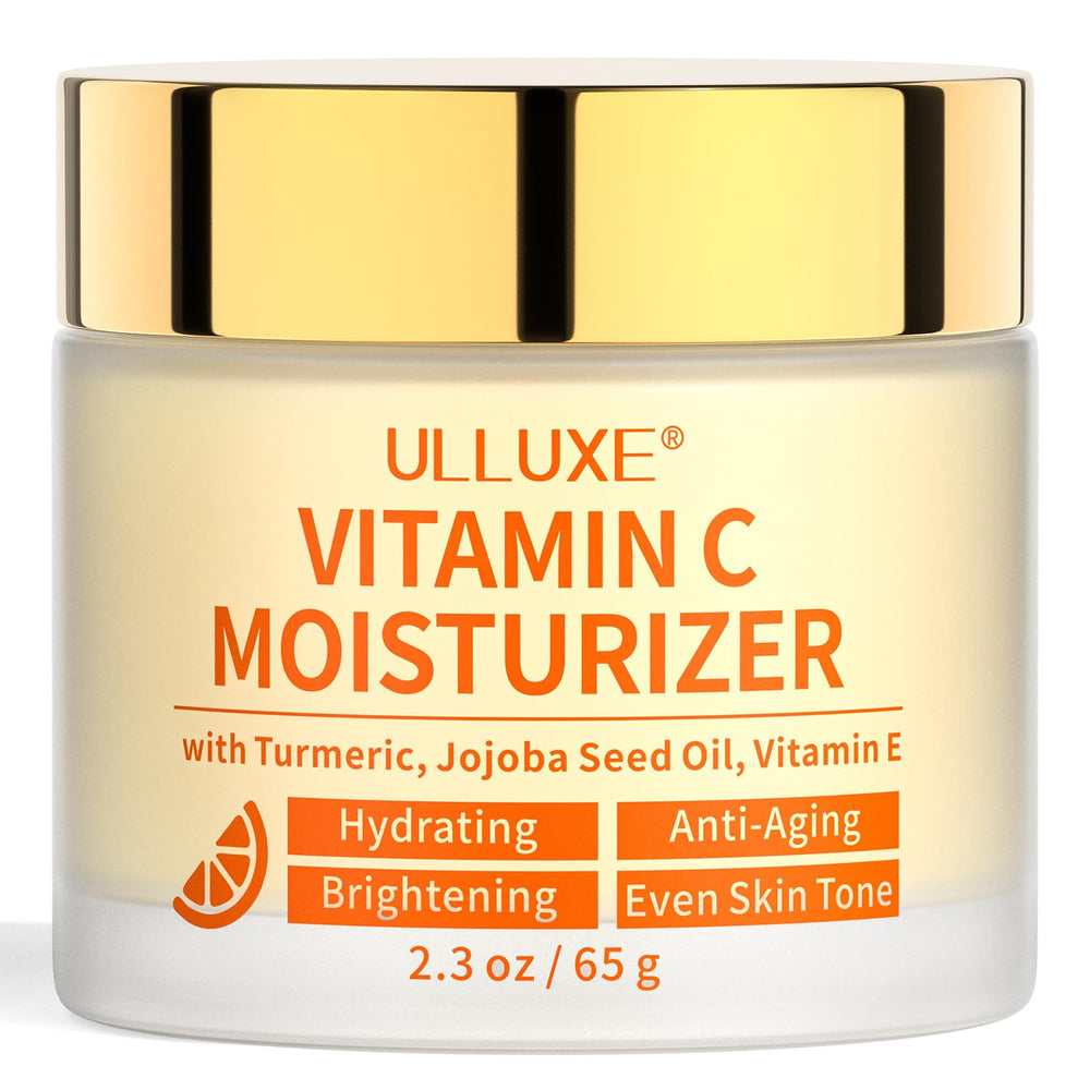 Crema Ulluxe con vitamina C en frasco para piel luminosa y suave.