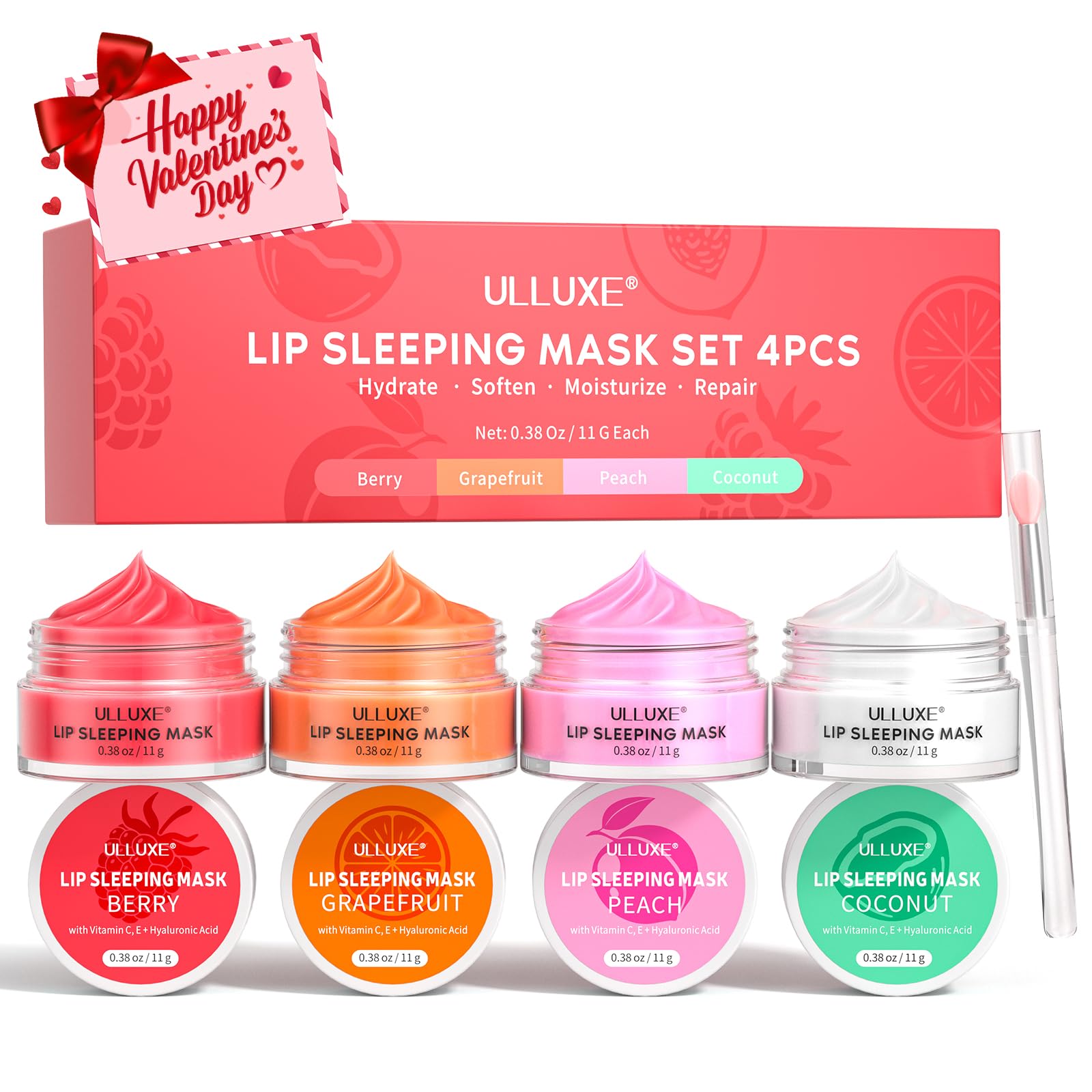 Conjunto ulluxe mascarilla-labios 4 piezas en empaque compacto para regalo y viaje.