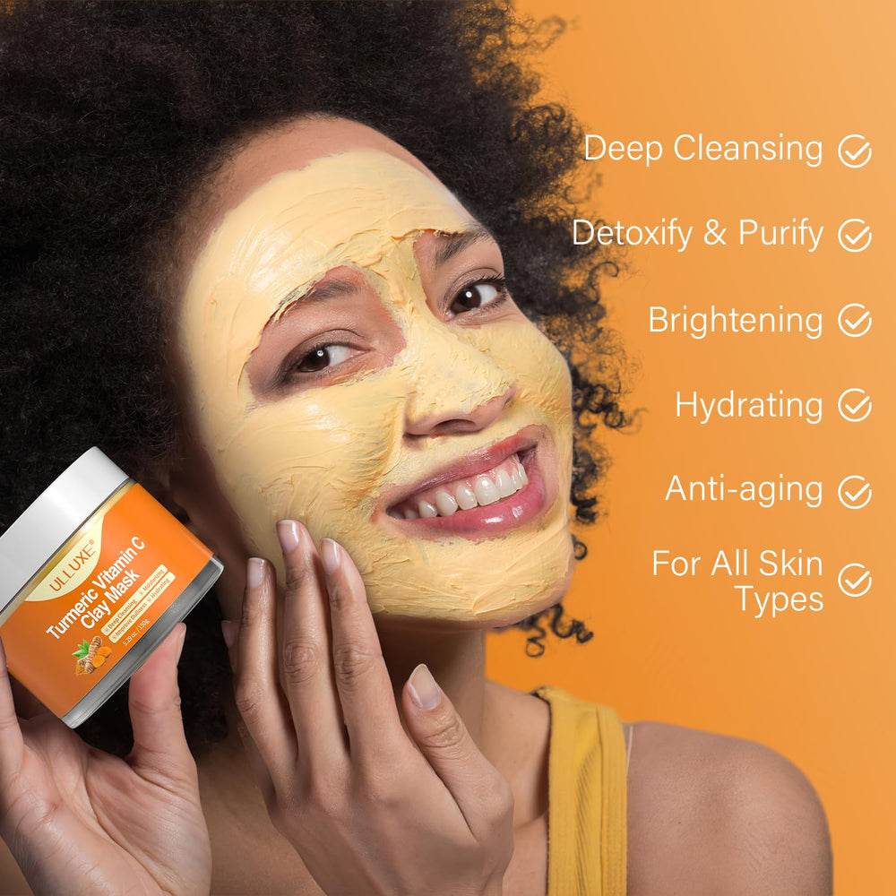 ulluxe turmeric clay mask applied on face demonstrates cleansing and pore care potential.