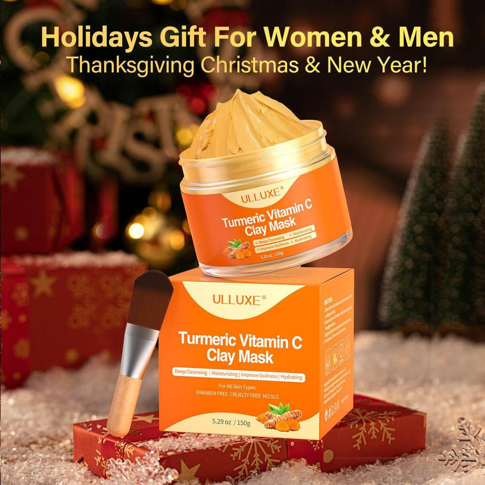 ulluxe turmeric clay mask texture closeup highlighting creamy formula for smoothing.