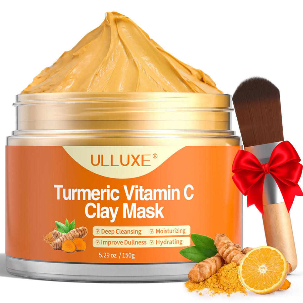 ulluxe turmeric vitamin c clay mask jar closeup showing rich texture for brightening care.