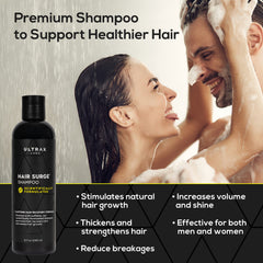 Ultrax Labs Hair Surge etiqueta cercana muestra ingredientes clave para el cuidado diario