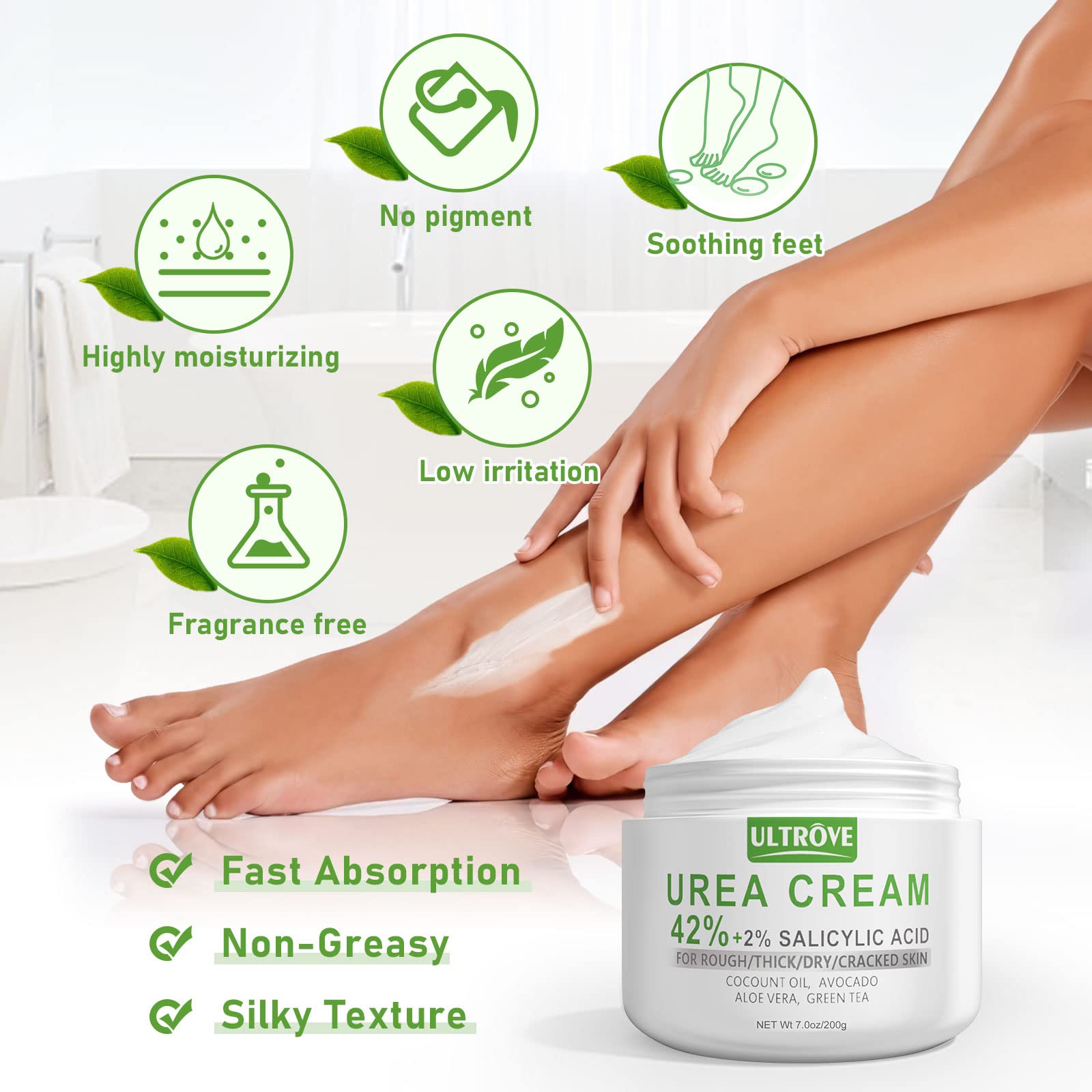 Pies y talones tratados con Ultrove Urea Cream 42% para suavizar piel áspera.