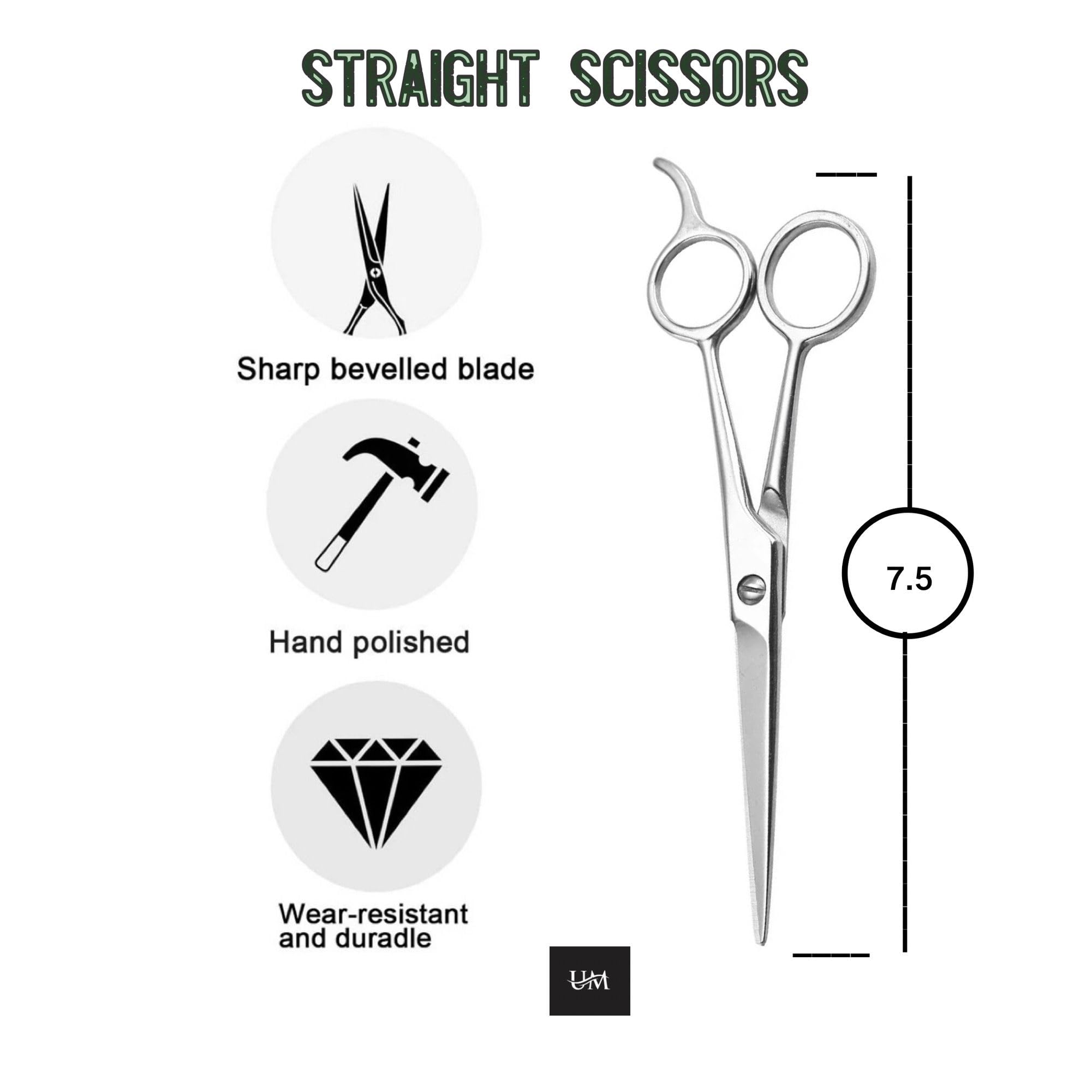 UM Supplies Tijeras ergonómicas con mango cómodo para largas sesiones.