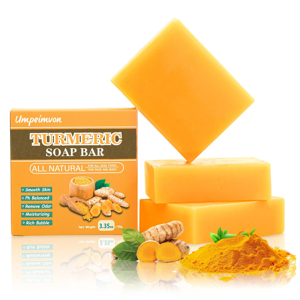 Umpeimvon jabón de cúrcuma para rostro y cuerpo, limpieza suave y equilibrante.