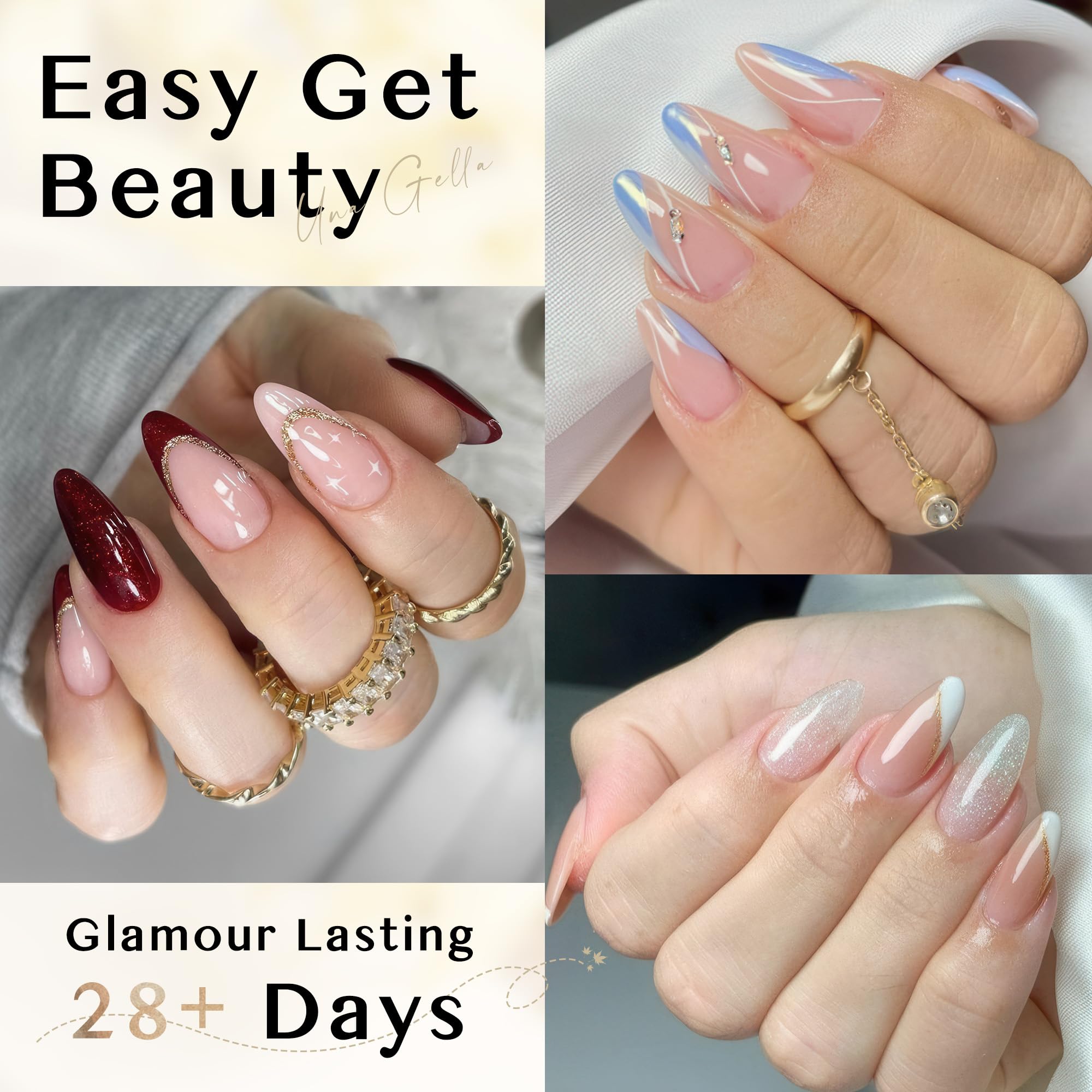 Puntas de gel suave UNA GELLA en forma almendra para una aplicación flexible.