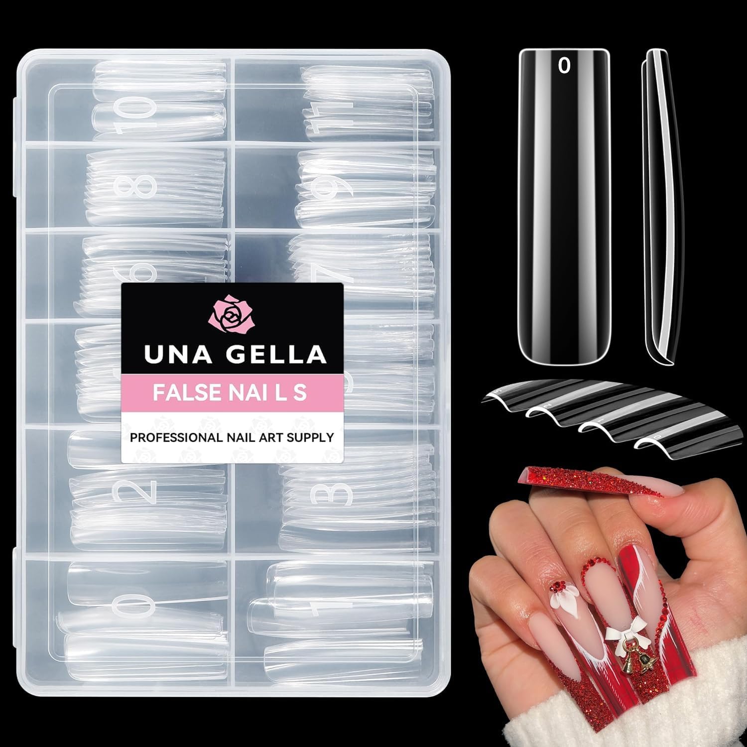 Extensiones de uñas cuadradas XXL UNA GELLA en caja, lista para uso profesional.