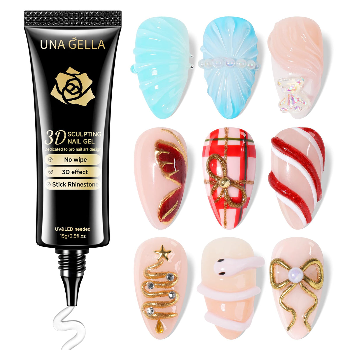 UNA GELLA gel 3D en tubo para modelar uñas con precisión.