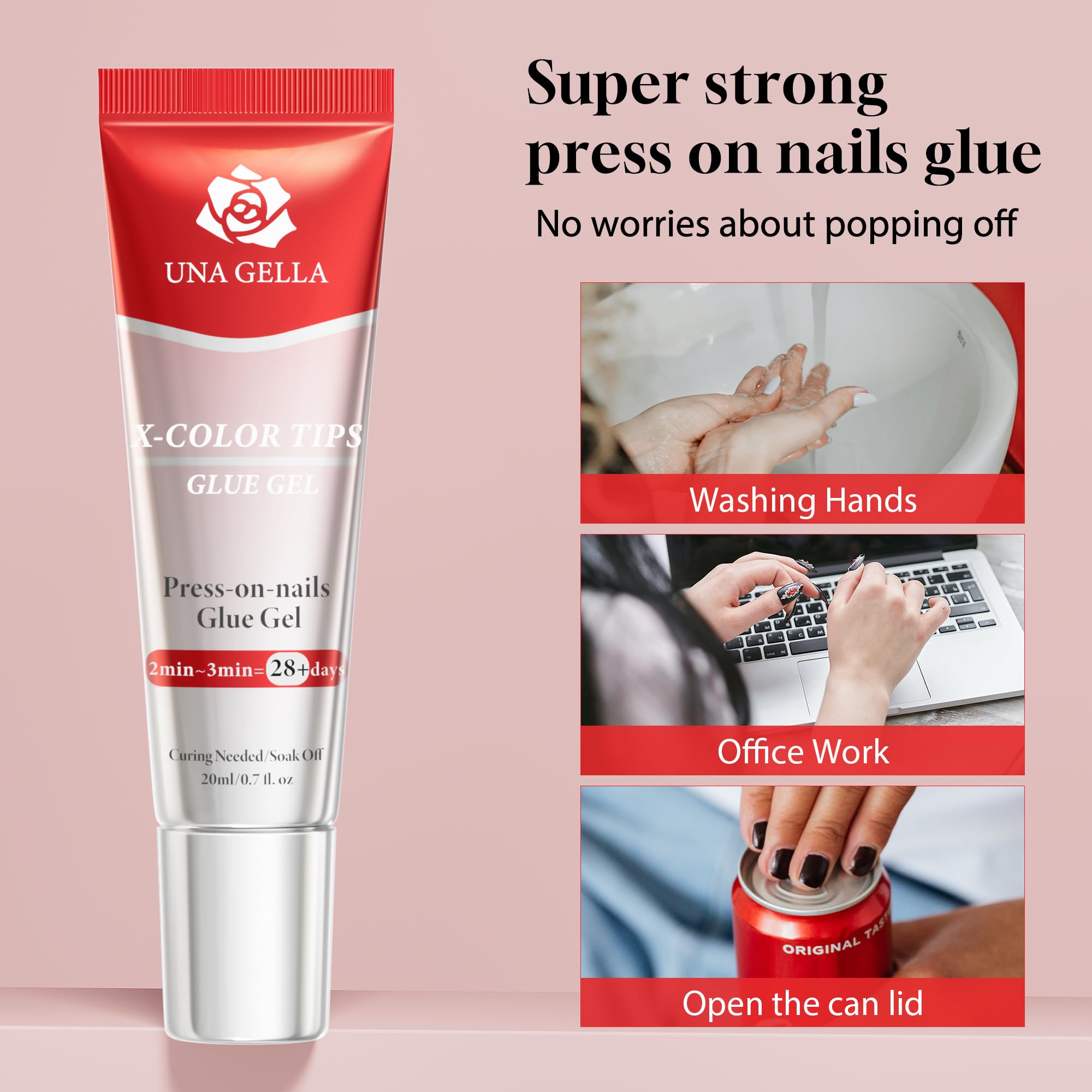 Curado de 2-3 minutos para uñas postizas con UNA GELLA pegamento gel UV.
