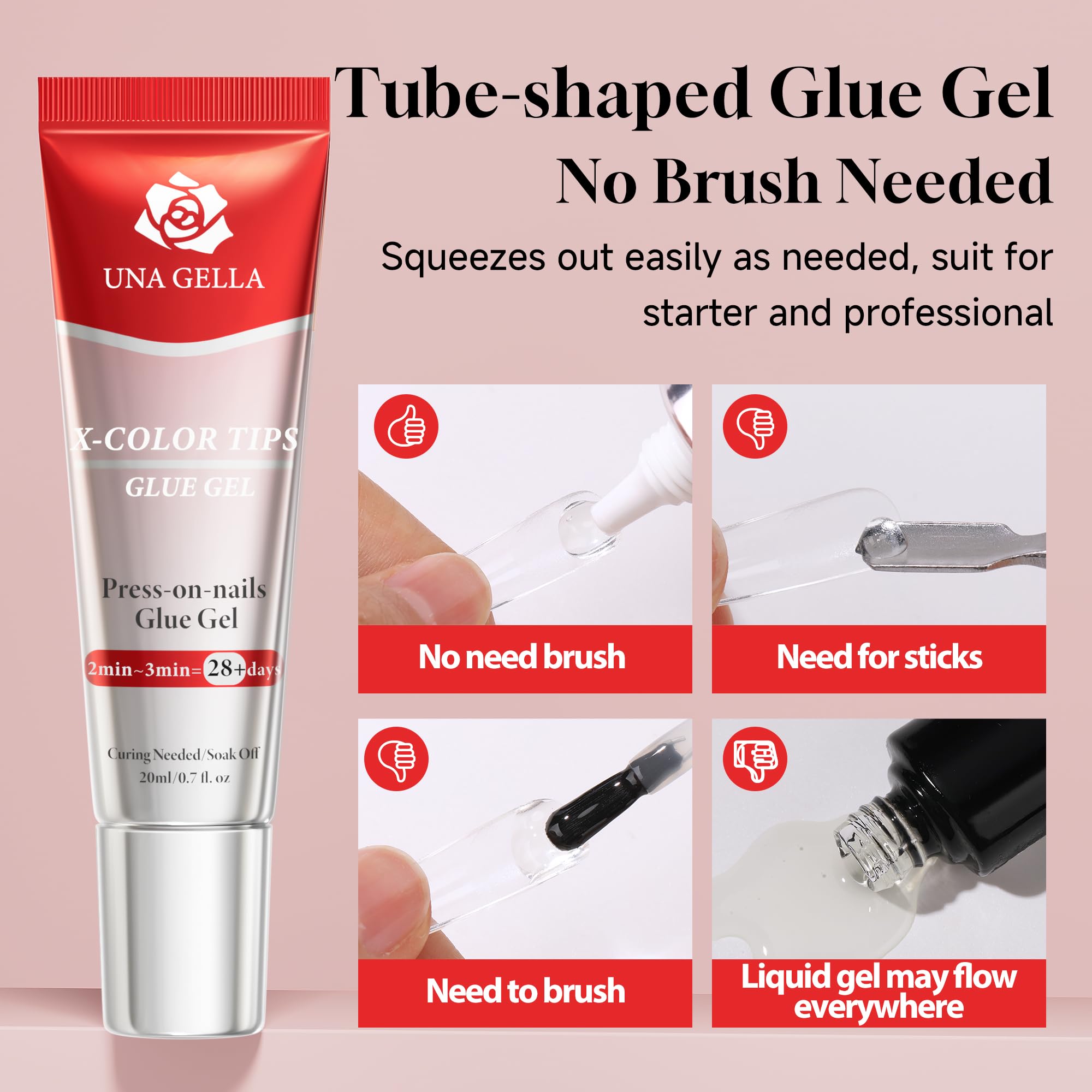 UNA GELLA pegamento gel UV para uñas postizas transparentes con unión visible.