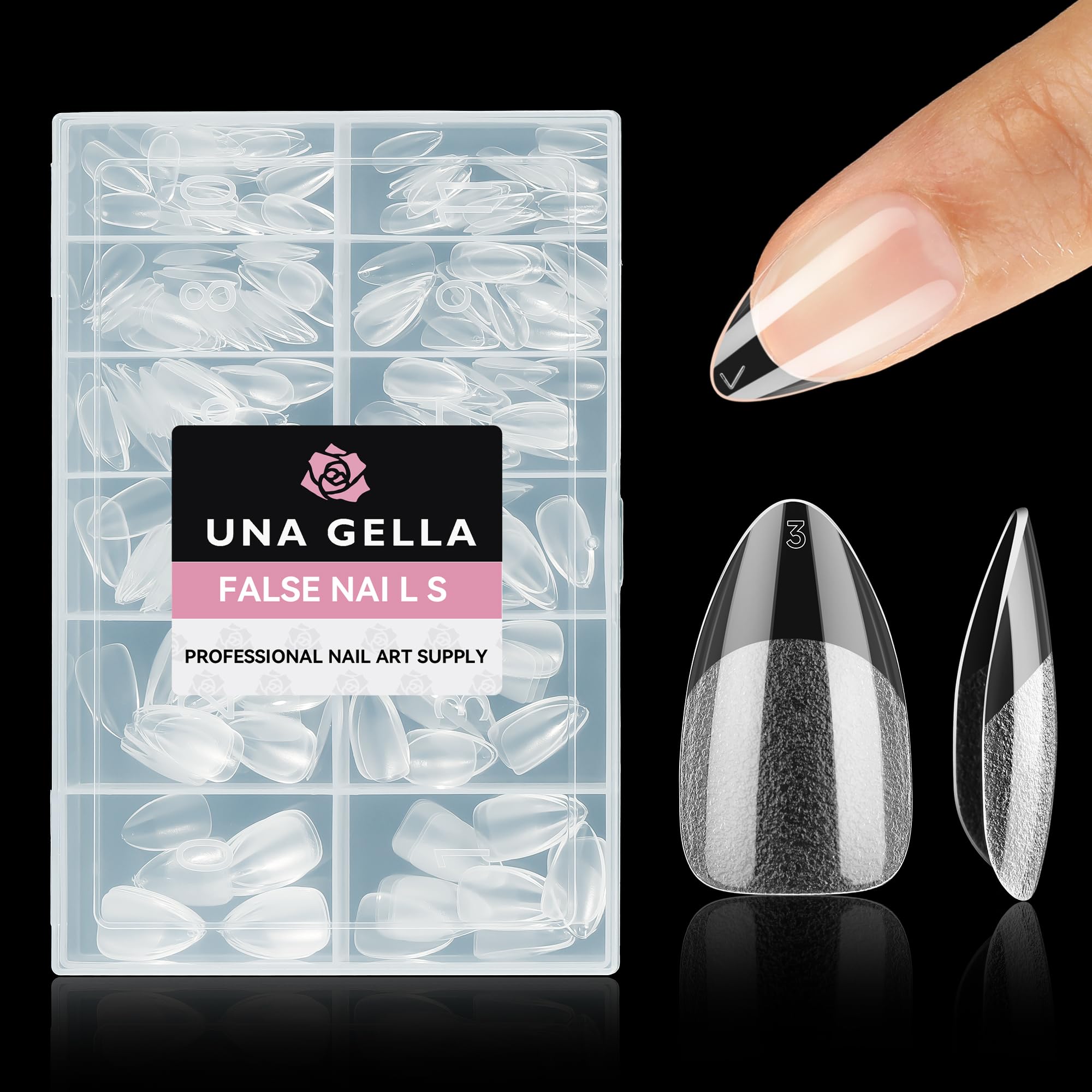 Puntas UNA GELLA almendra para cobertura total y look pulido.