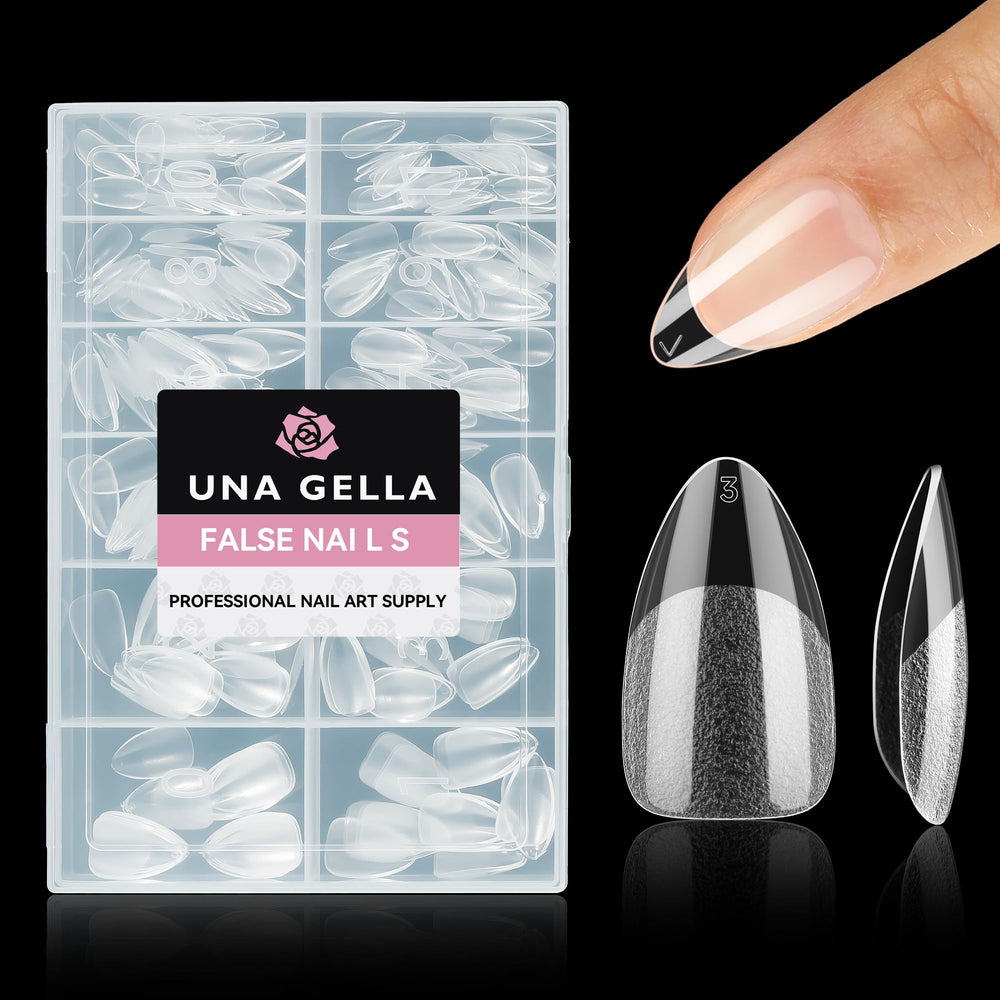 Puntas UNA GELLA almendra para cobertura total y look pulido.