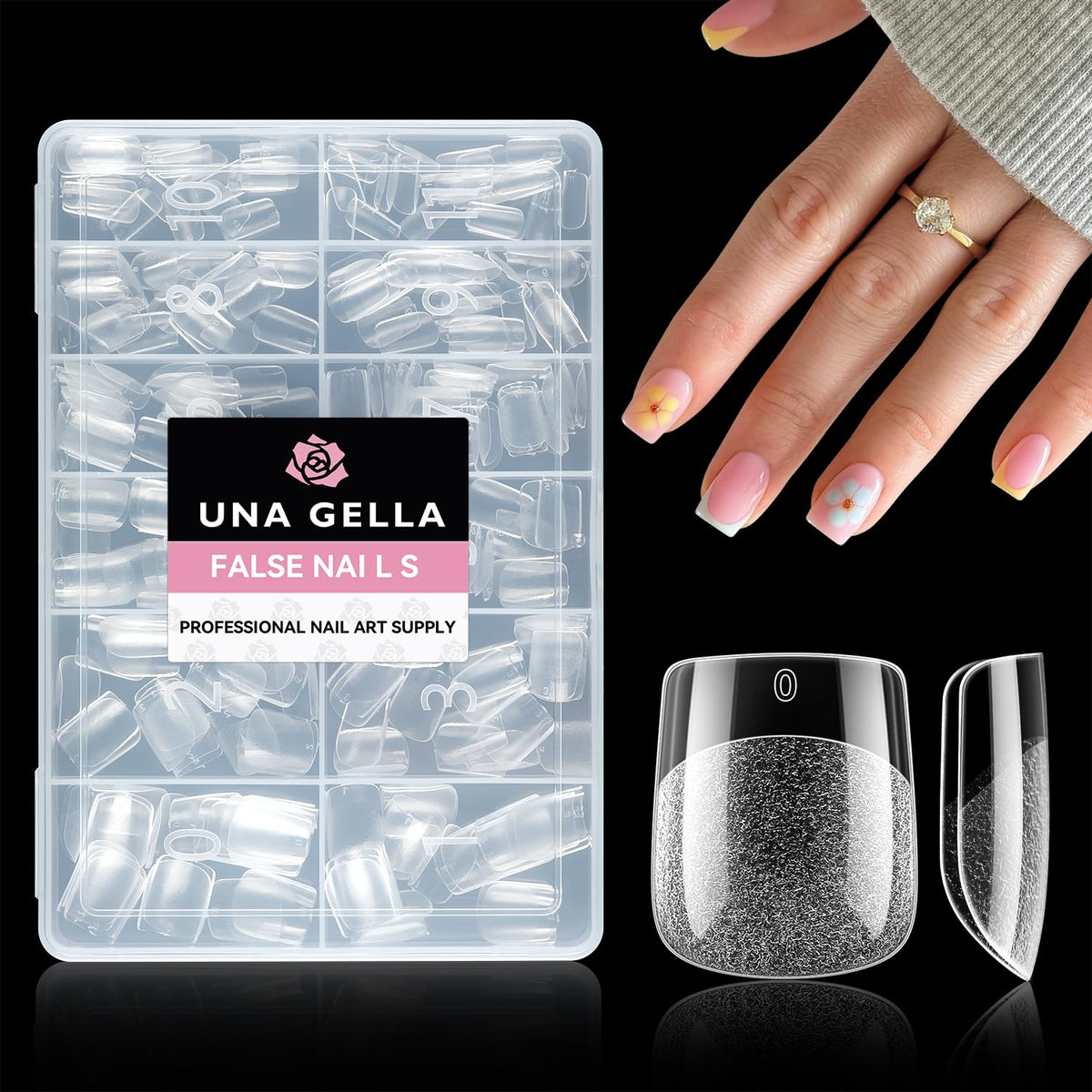 UNA GELLA puntas de uña cuadradas extra corto con punta clara para acabado natural.