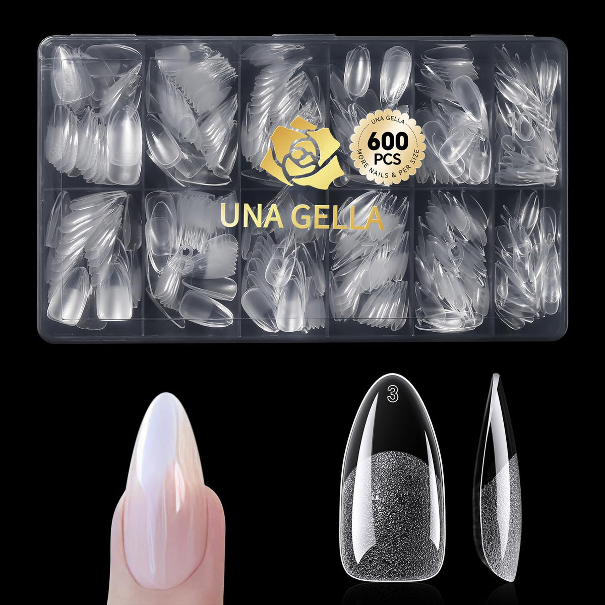 UNA GELLA: tips de almendra en caja de 600 piezas para uñas listas