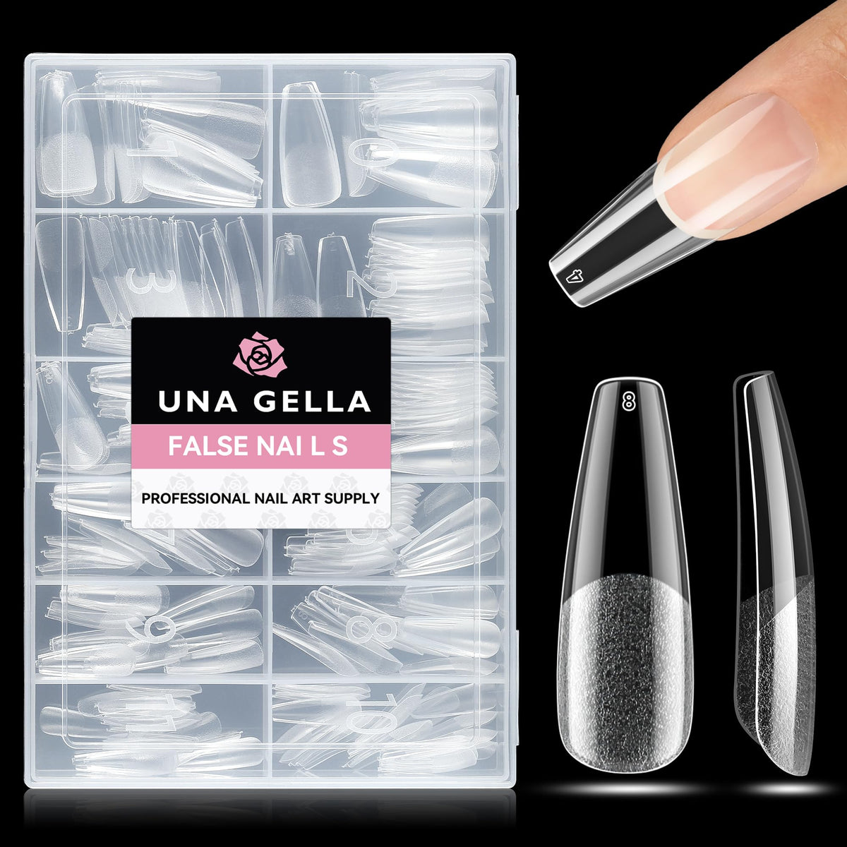UNA GELLA tips coffin largos transparentes para uñas, cobertura clara y duradera.
