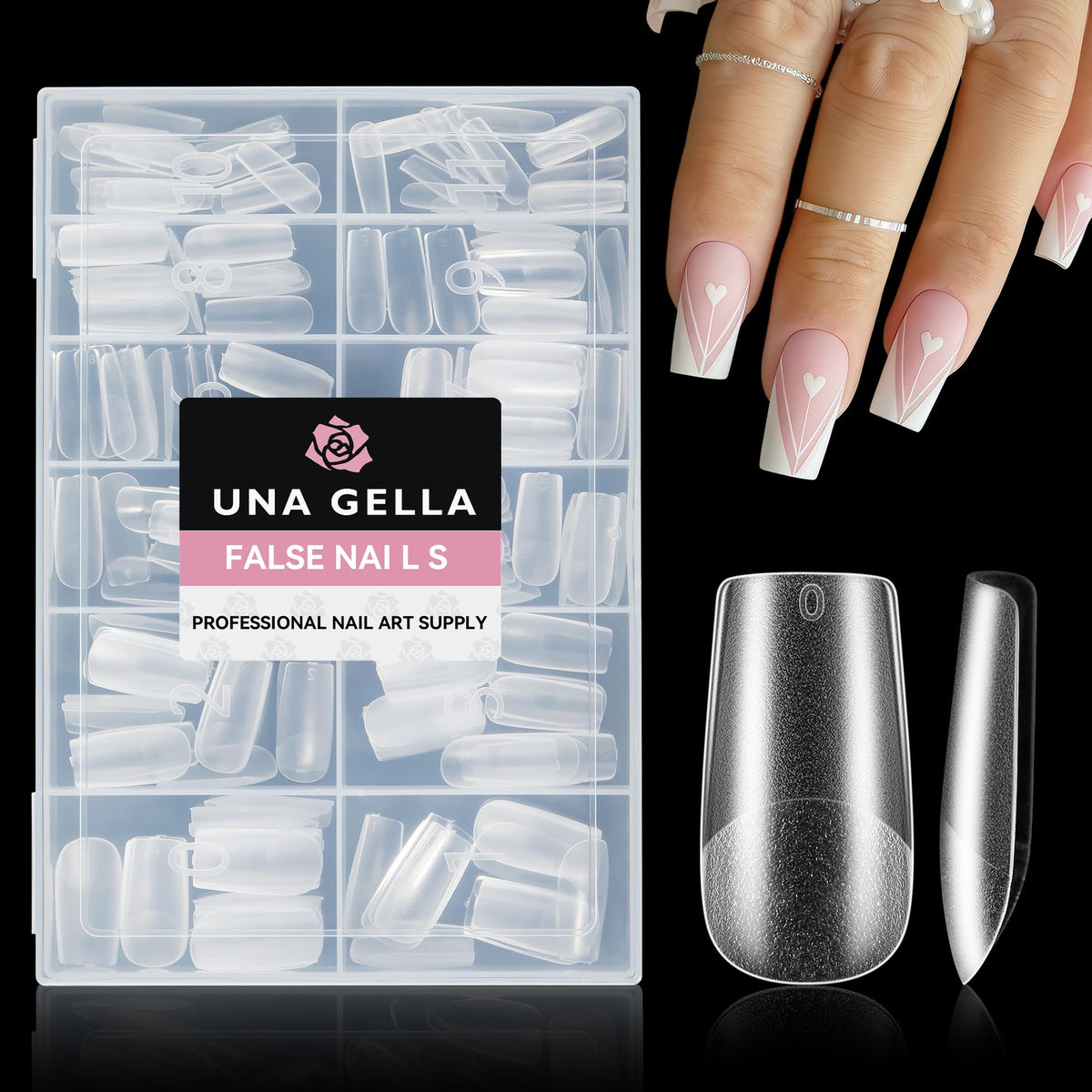 UNA GELLA: puntas cuadradas transparentes para extensión clara y duradera.