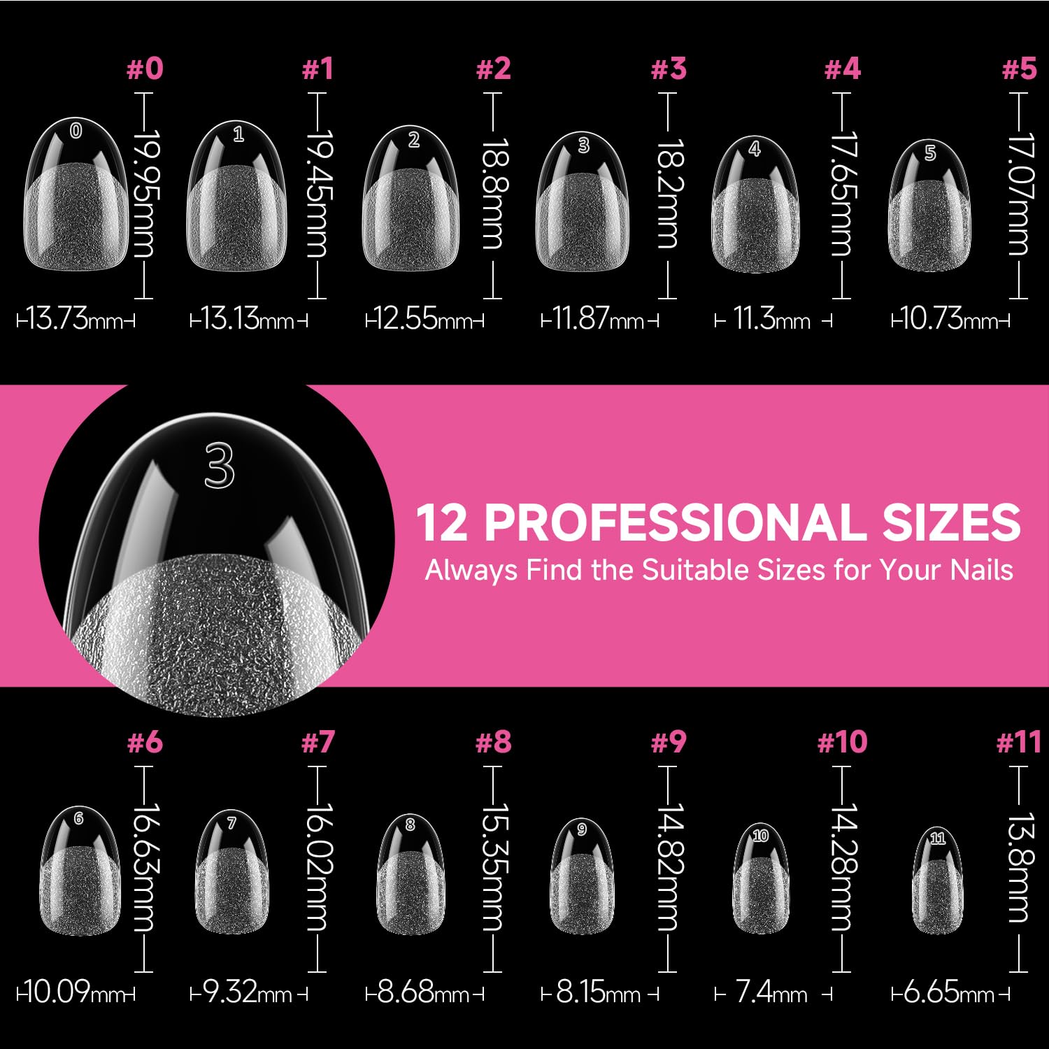 UNA GELLA tips uñas ovaladas cortas, 12 tallas para ajuste perfecto.