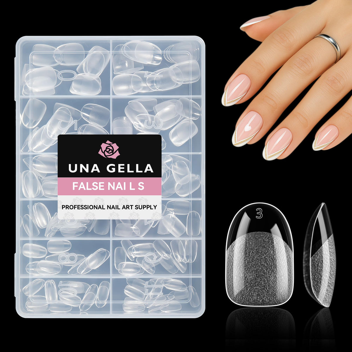 UNA GELLA tips uñas ovaladas cortas, empaque práctico para una extensión rápida.